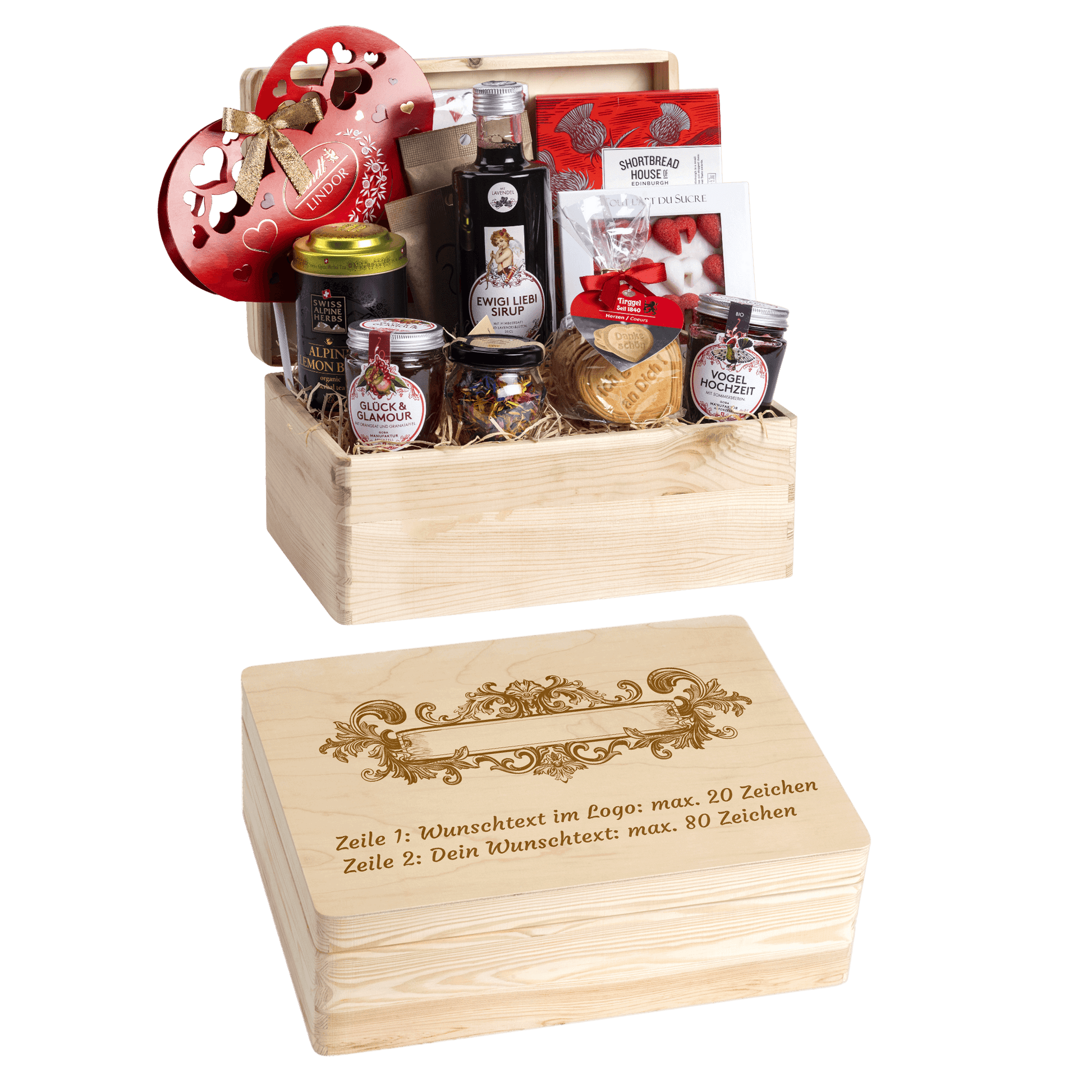 Personalisierte und gravierte Geschenkbox aus Holz. Versehen mit Wunschtext und Wunschbild. Motiv Textband Barock.