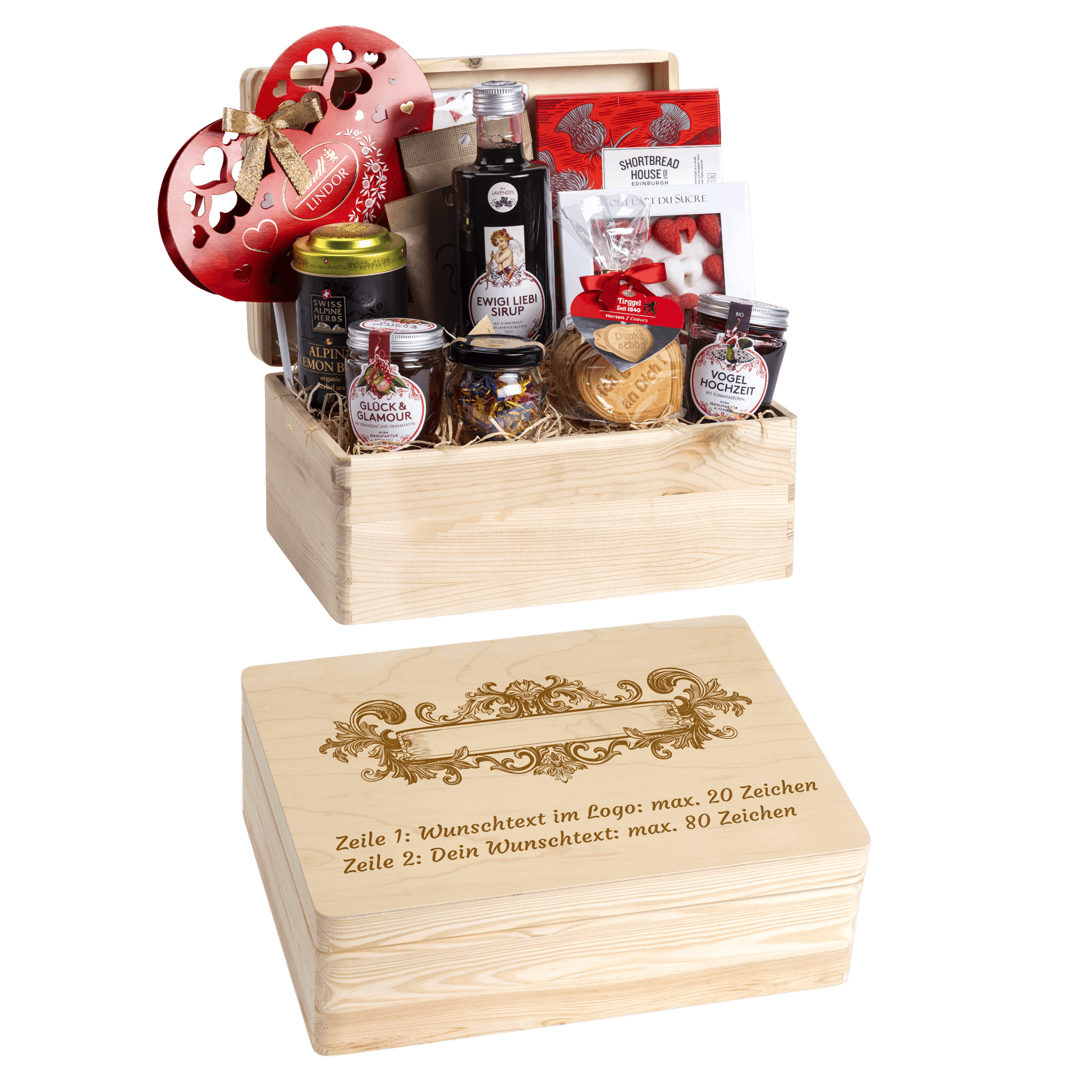 Personalisierte und gravierte Geschenkbox aus Holz. Versehen mit Wunschtext und Wunschbild. Motiv Textband Barock.