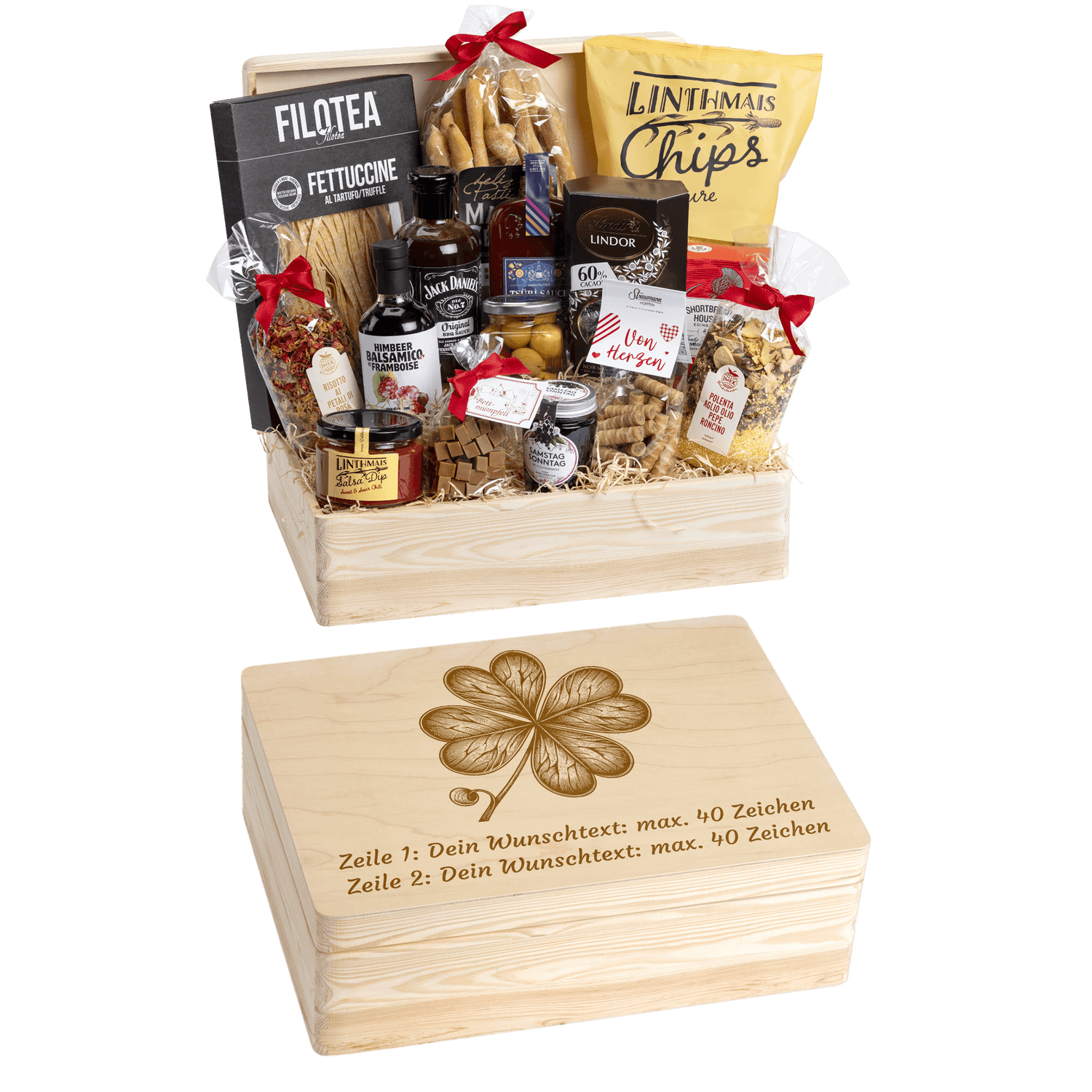 Holzbox kann mit Wunschtext und Wunsch-Sujet graviert werden. Auf der Holzbox ist das Sujet "Kleeblatt" graviert. Das ideale personalisierte Geschenk zur Hochzeit oder Geburtstag. 