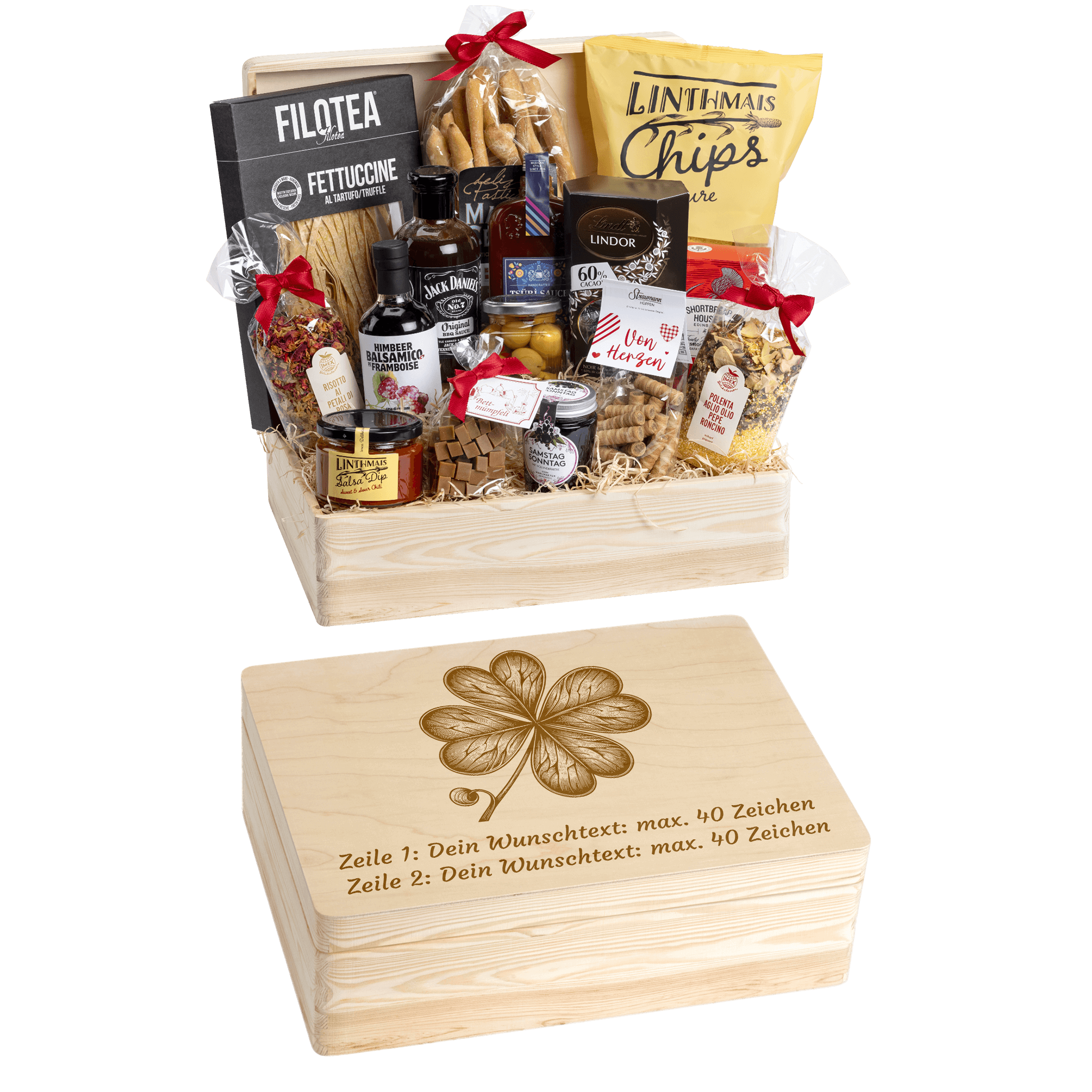Holzbox kann mit Wunschtext und Wunsch-Sujet graviert werden. Auf der Holzbox ist das Sujet "Kleeblatt" graviert. Das ideale personalisierte Geschenk zur Hochzeit oder Geburtstag. 