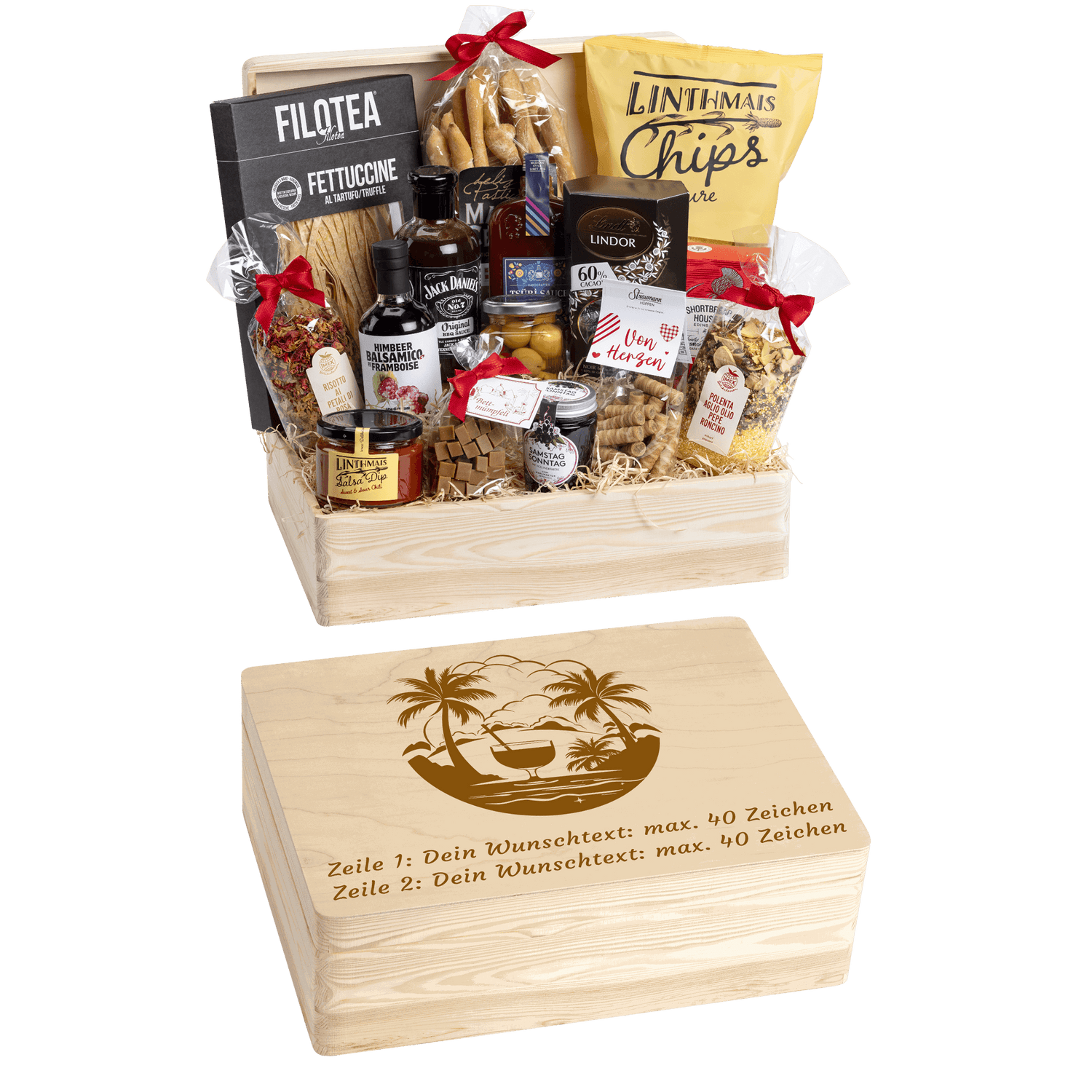 Holzbox kann mit Wunschtext und Wunsch-Sujet graviert werden. Auf der Holzbox ist das Sujet "Ferien und relaxen" graviert. Das ideale personalisierte Geschenk zur Pension.