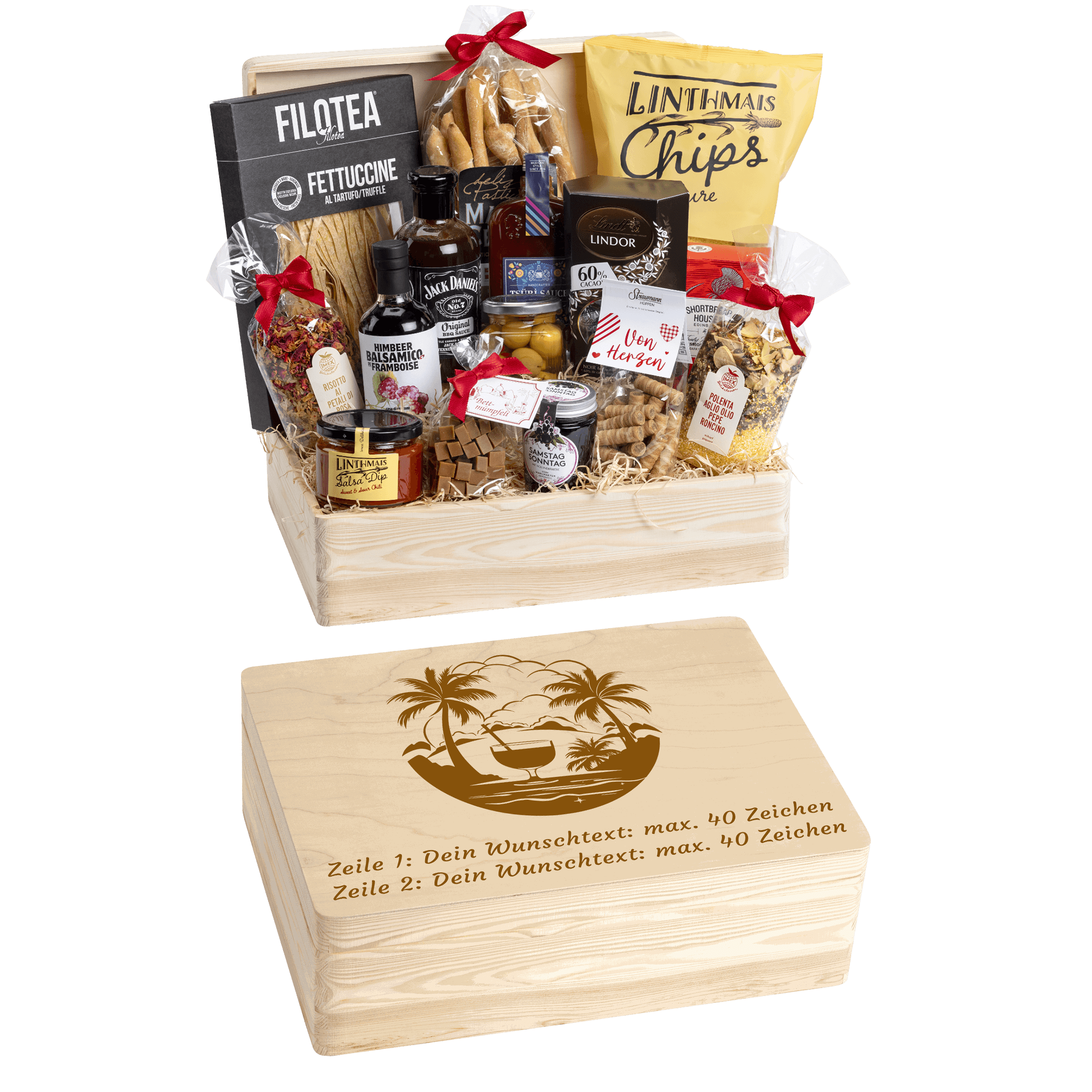 Holzbox kann mit Wunschtext und Wunsch-Sujet graviert werden. Auf der Holzbox ist das Sujet "Ferien und relaxen" graviert. Das ideale personalisierte Geschenk zur Pension.