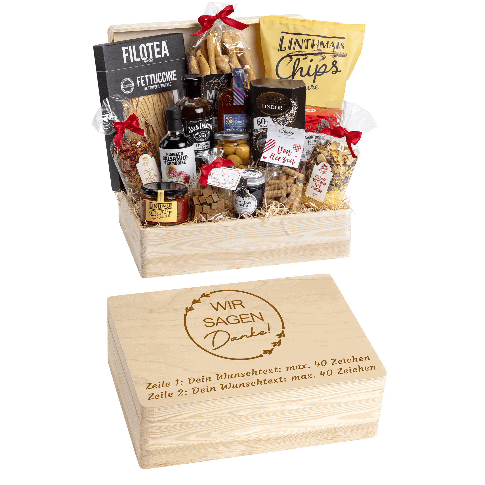 Holzbox kann mit Wunschtext und Wunsch-Sujet graviert werden. Auf der Holzbox ist das Sujet "Wir sagen Danke" graviert. Das ideale personalisierte Kundengeschenk.
