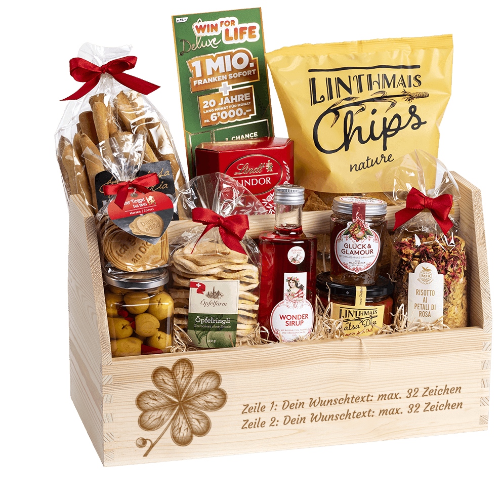 Personalisierte und gravierte Geschenkbox aus Holz. Versehen mit Wunschtext und Wunschbild. Motiv Kleeblatt.