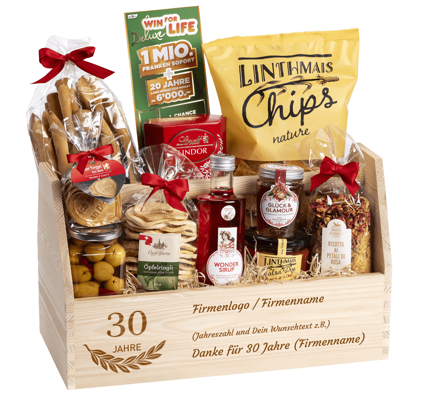 Geschenkkorb Glück mit Win for Live Los (Preis inkl. Gravur)