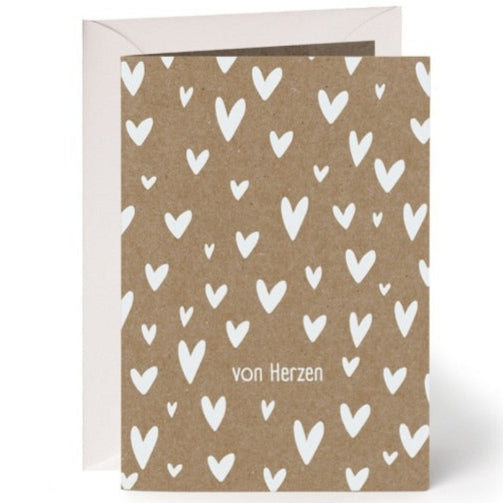 Grusskarte aus Muskatpapier mit weissem Druck "von Herzen"