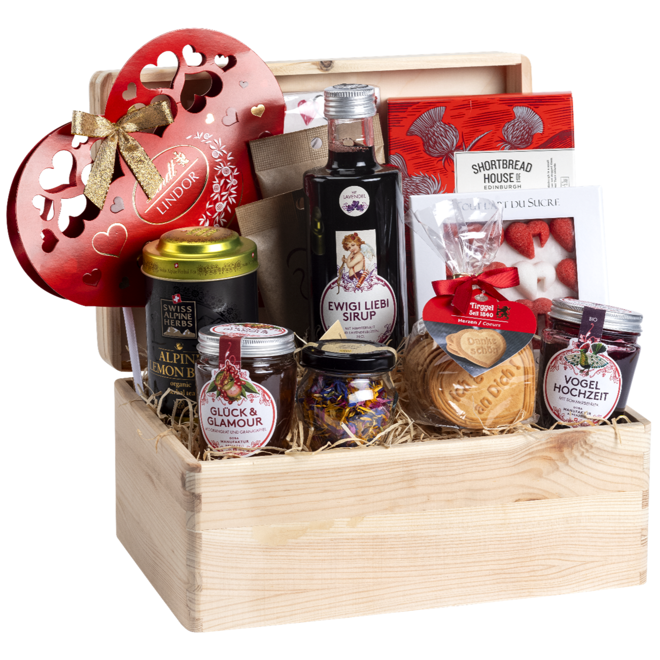 Handgemachter Geschenkkorb ideal mit vielen regionalen Produkten, welche zu der Hochtzeit passen. Produkte mit Herz.