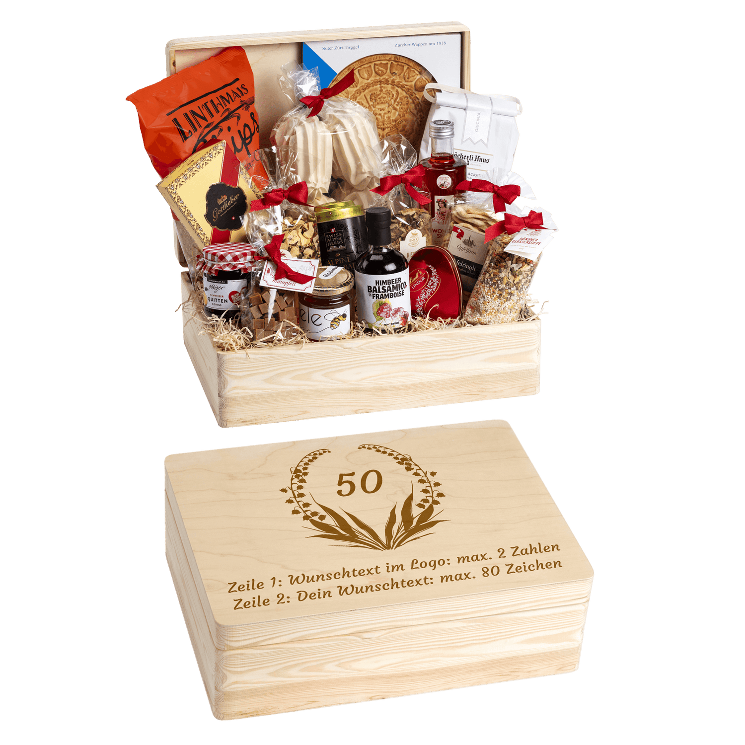 Holzbox mit regionalen Spezialitäten aus der Schweiz. Wunschtext und Wunsch-Sujet kann auf die Box graviert werden. Das personalisierte Geschenk zum Geburtstag.