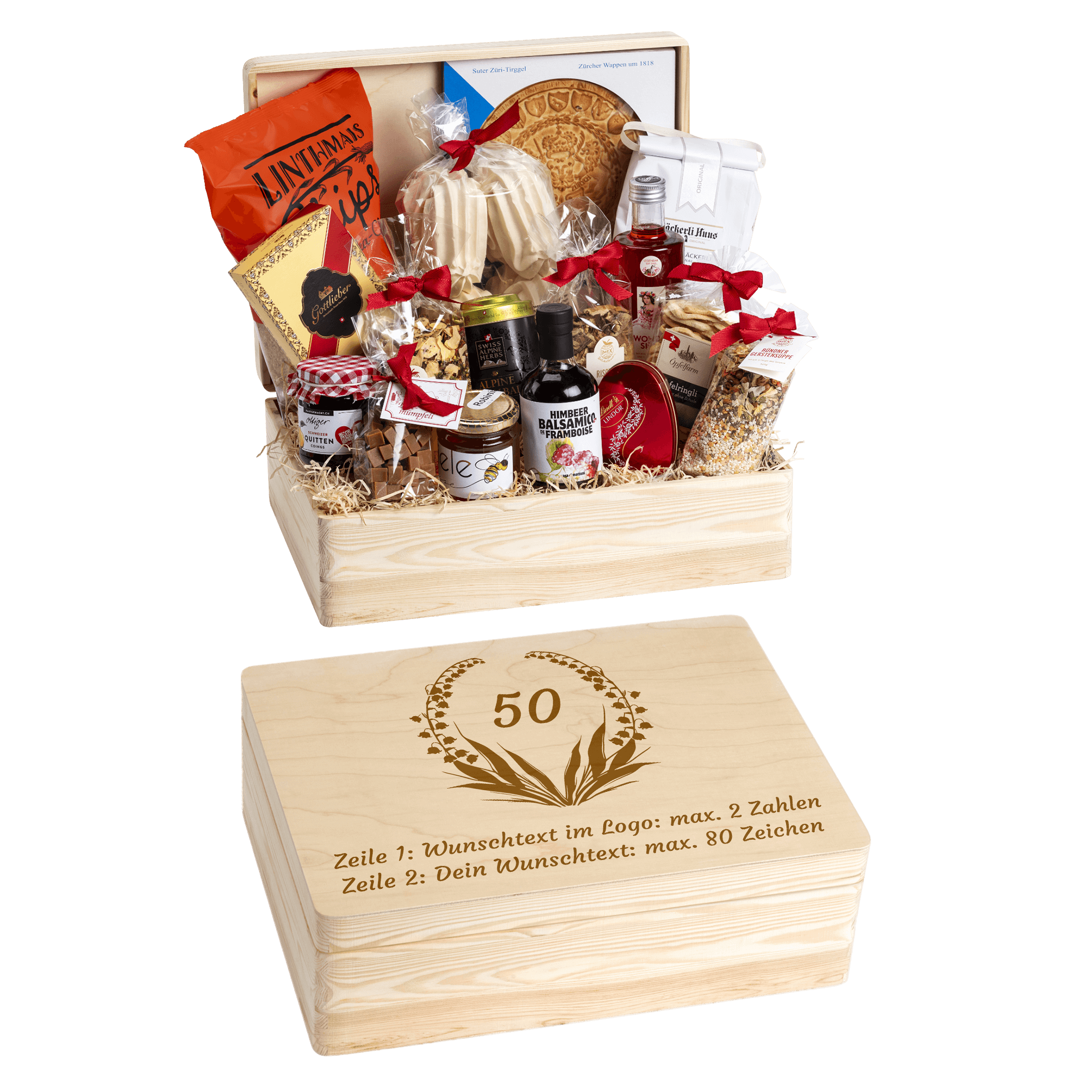 Holzbox mit regionalen Spezialitäten aus der Schweiz. Wunschtext und Wunsch-Sujet kann auf die Box graviert werden. Das personalisierte Geschenk zum Geburtstag.
