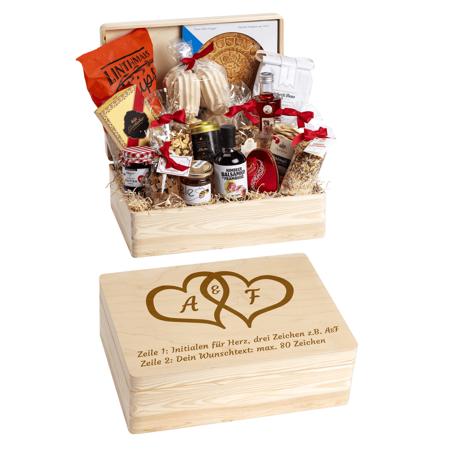 Holzbox mit regionalen Spezialitäten aus der Schweiz. Wunschtext und Wunsch-Sujet kann auf die Box graviert werden. Das personalisierte Geschenk zur Hochzeit. Motiv Doppelherz mit Initialen. 