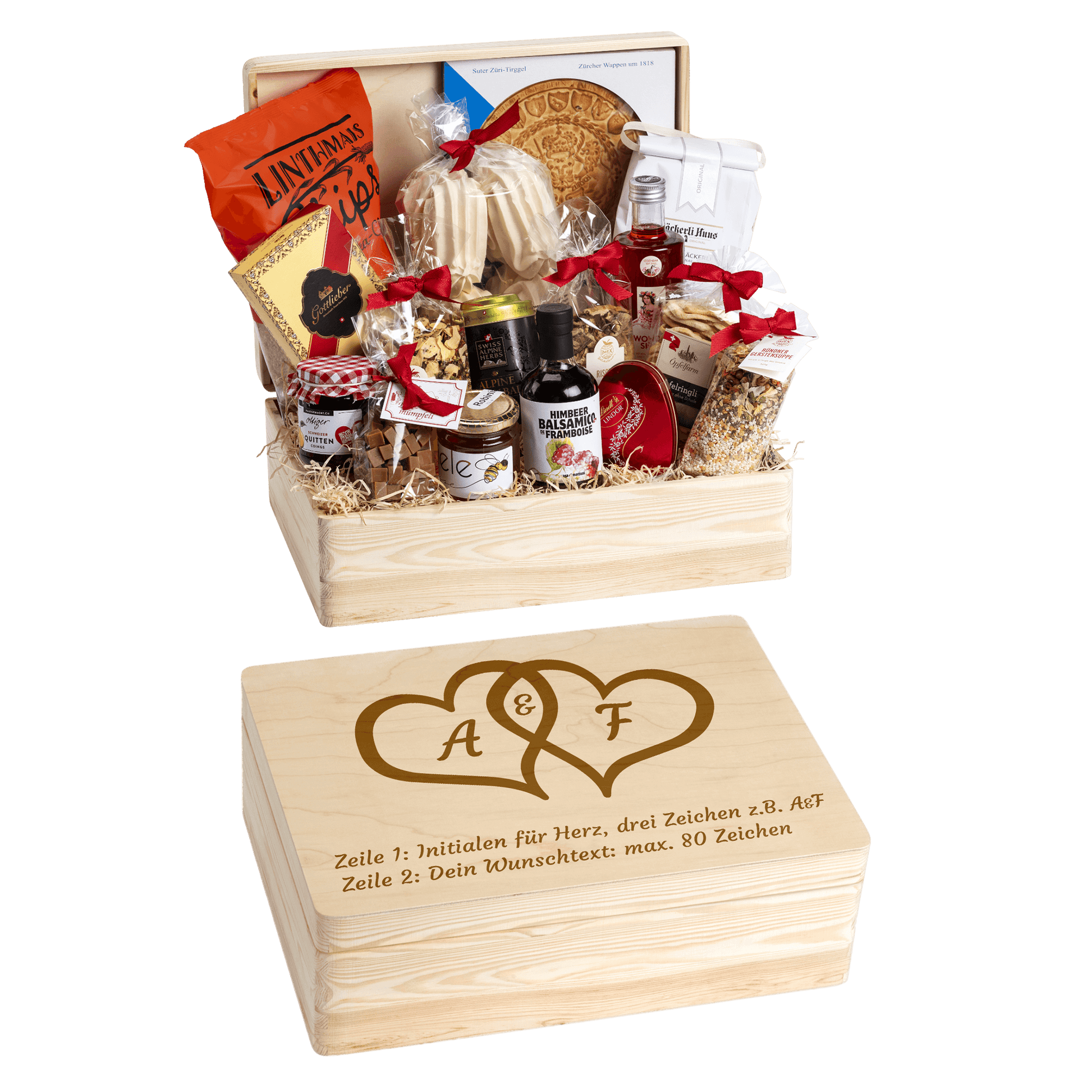 Holzbox mit regionalen Spezialitäten aus der Schweiz. Wunschtext und Wunsch-Sujet kann auf die Box graviert werden. Das personalisierte Geschenk zur Hochzeit. Motiv Doppelherz mit Initialen. 