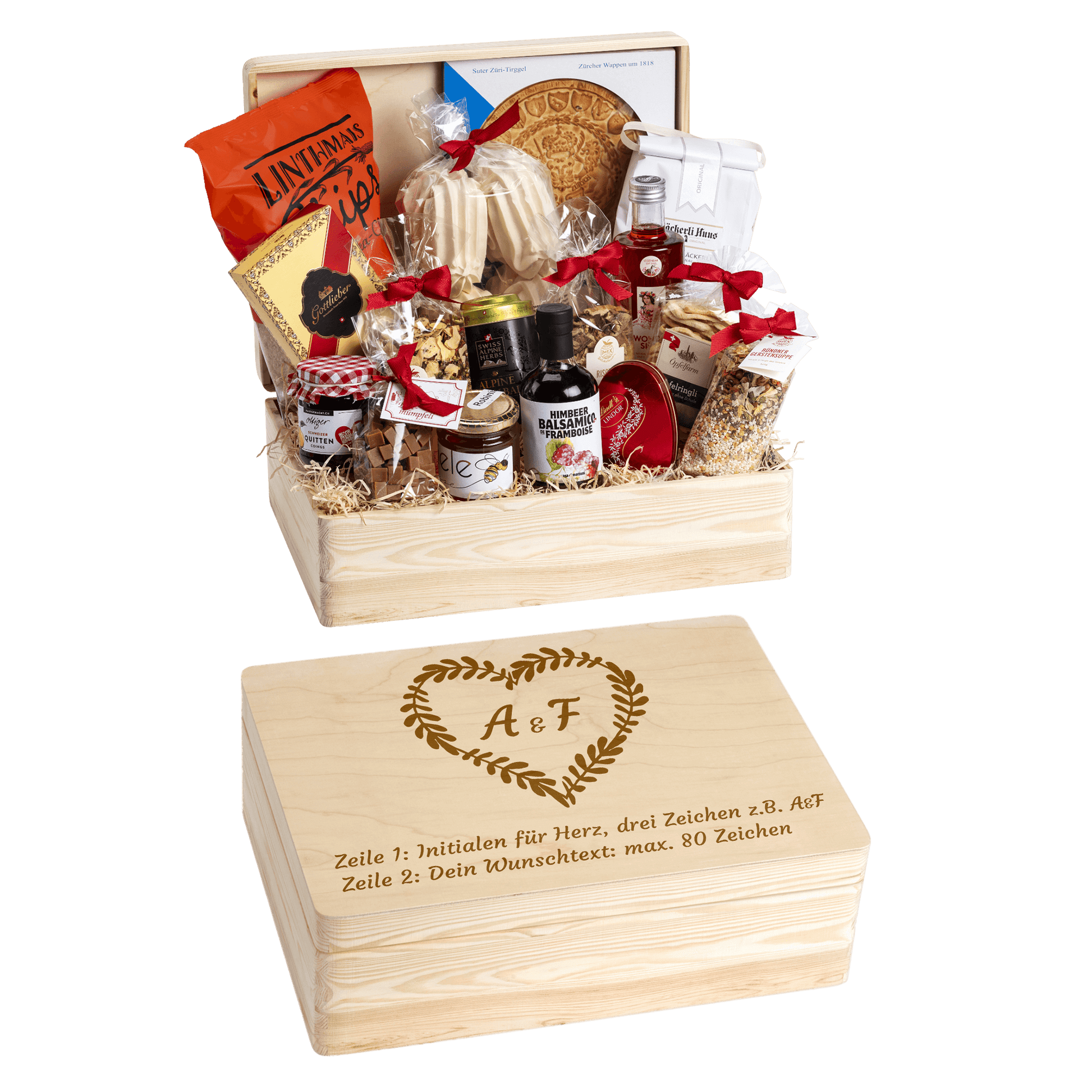 Holzbox mit regionalen Spezialitäten aus der Schweiz. Wunschtext und Wunsch-Sujet kann auf die Box graviert werden. Das personalisierte Geschenk zur Hochzeit. Motiv Herz mit Initialen.