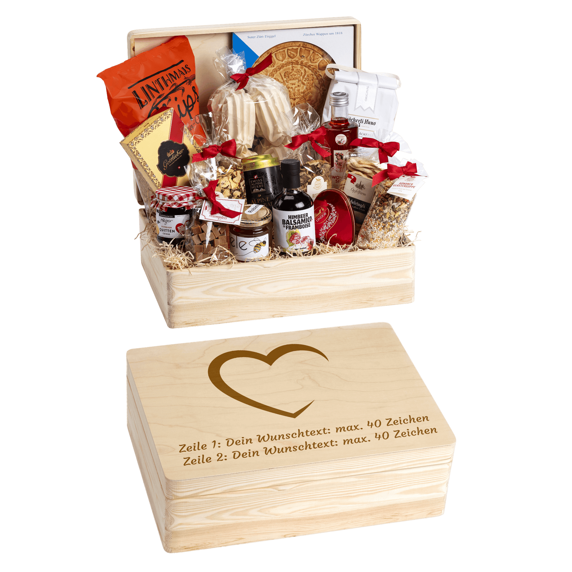 Holzbox mit regionalen Spezialitäten aus der Schweiz. Wunschtext und Wunsch-Sujet kann auf die Box graviert werden. Das personalisierte Geschenk zur Hochzeit. Motiv Herz