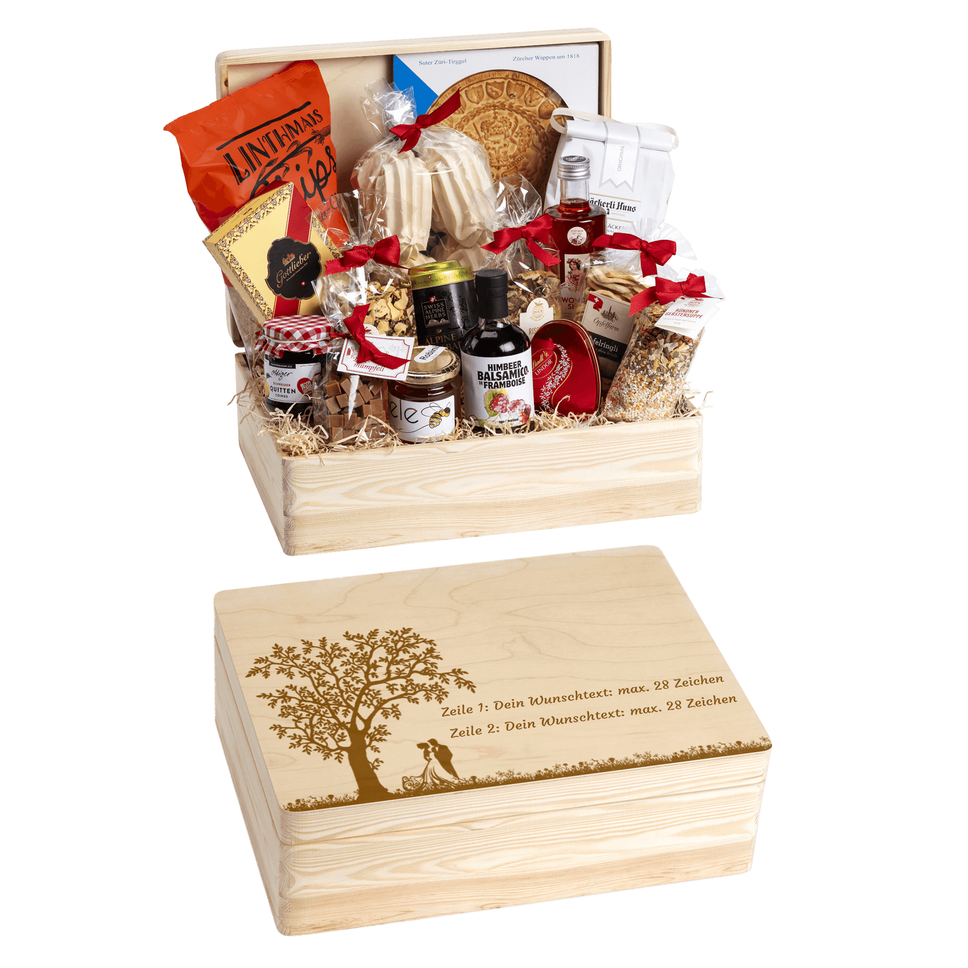 Holzbox mit regionalen Spezialitäten aus der Schweiz. Wunschtext und Wunsch-Sujet kann auf die Box graviert werden. Das personalisierte Geschenk zur Hochzeit.  Motiv Hochzeitspaar unter dem Baum.