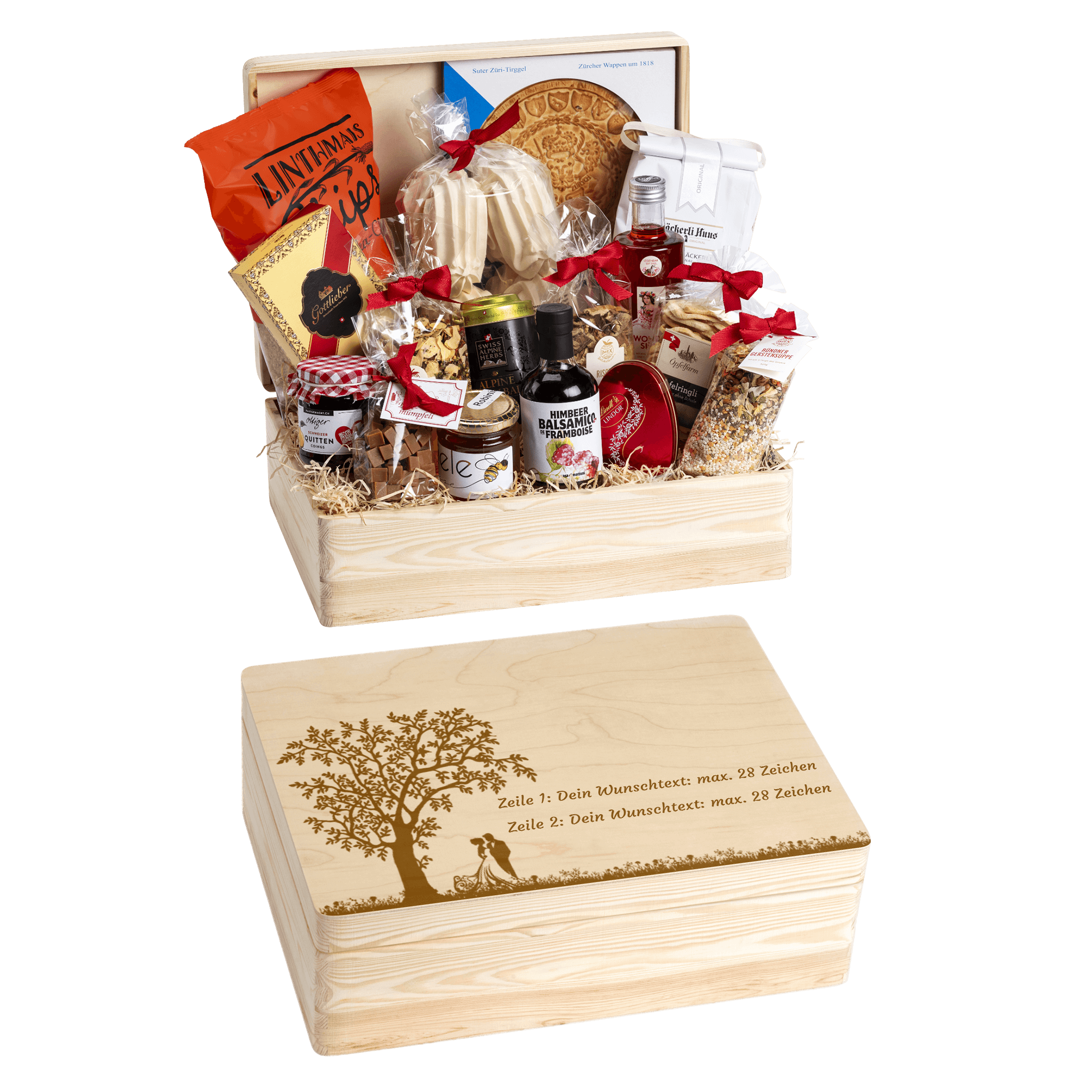 Holzbox mit regionalen Spezialitäten aus der Schweiz. Wunschtext und Wunsch-Sujet kann auf die Box graviert werden. Das personalisierte Geschenk zur Hochzeit.  Motiv Hochzeitspaar unter dem Baum.