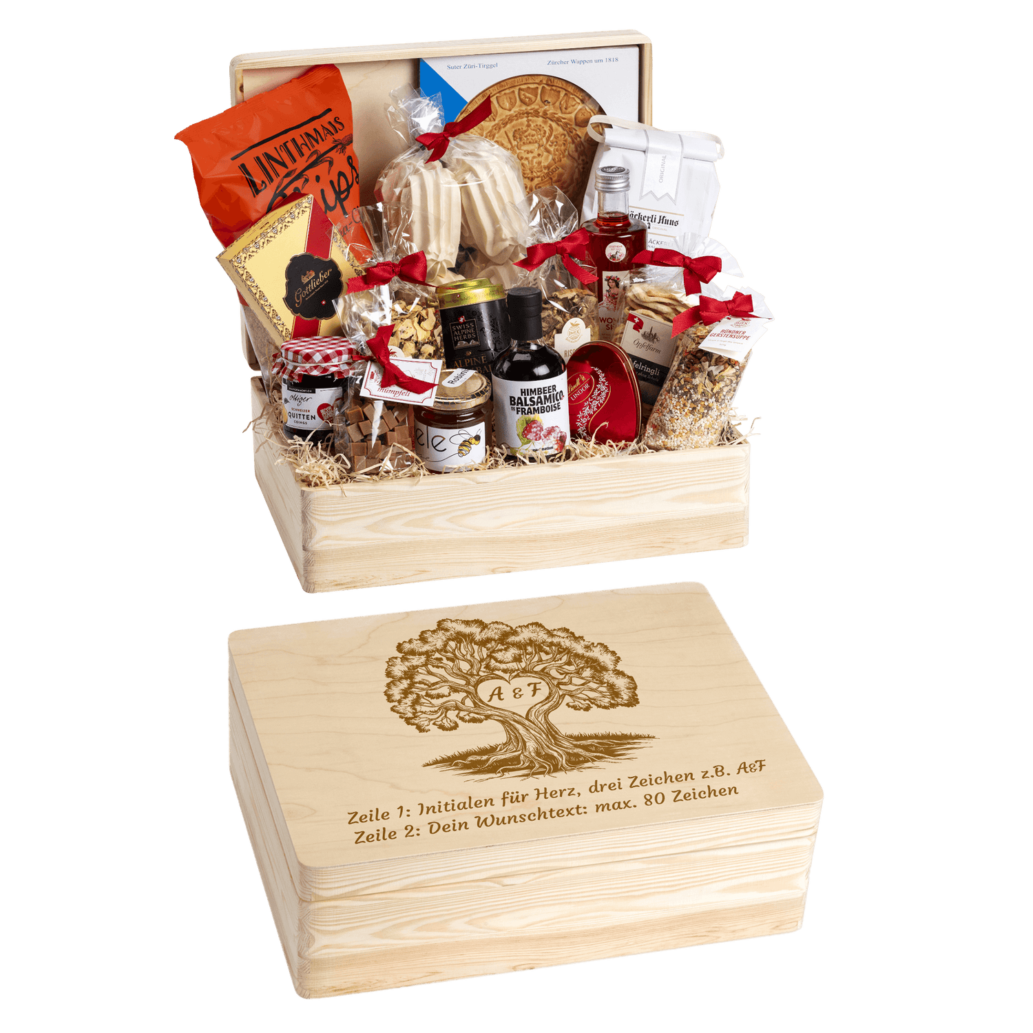 Holzbox mit regionalen Spezialitäten aus der Schweiz. Wunschtext und Wunsch-Sujet kann auf die Box graviert werden. Das personalisierte Geschenk zur Hochzeit. Motiv Lebensbaum mit Initialen.