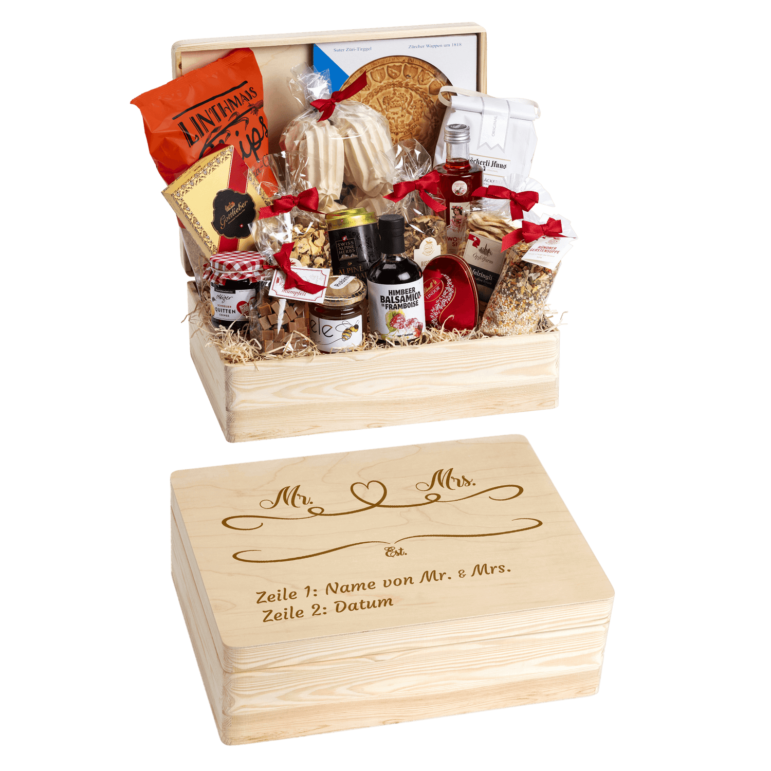 Holzbox mit regionalen Spezialitäten aus der Schweiz. Wunschtext und Wunsch-Sujet kann auf die Box graviert werden. Das personalisierte Geschenk zur Hochzeit. Motiv Mr. und Mrs.