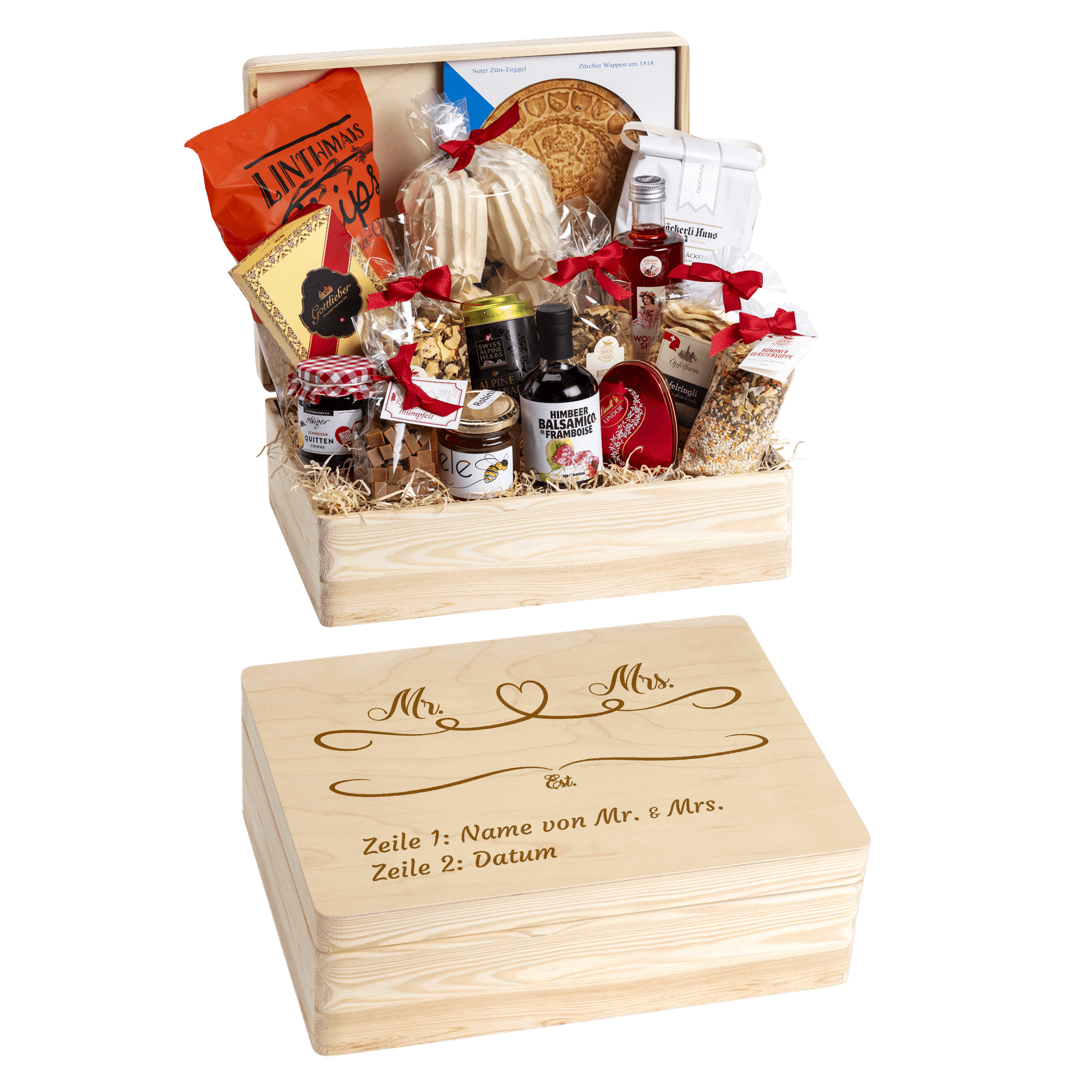 Holzbox mit regionalen Spezialitäten aus der Schweiz. Wunschtext und Wunsch-Sujet kann auf die Box graviert werden. Das personalisierte Geschenk zur Hochzeit. Motiv Mr. und Mrs.