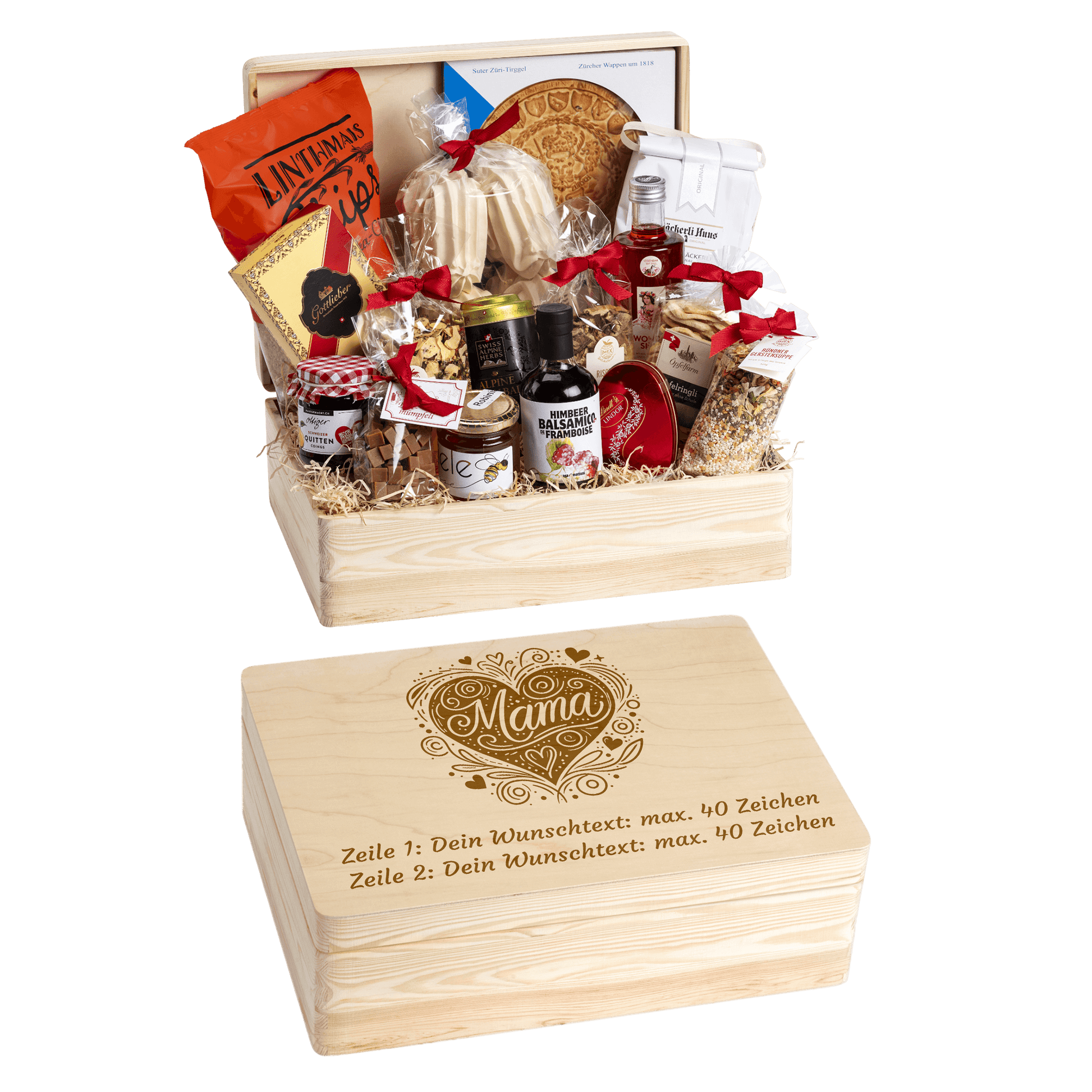 Holzbox mit regionalen Spezialitäten aus der Schweiz. Wunschtext und Wunsch-Sujet kann auf die Box graviert werden. Das personalisierte Geschenk für Mama.