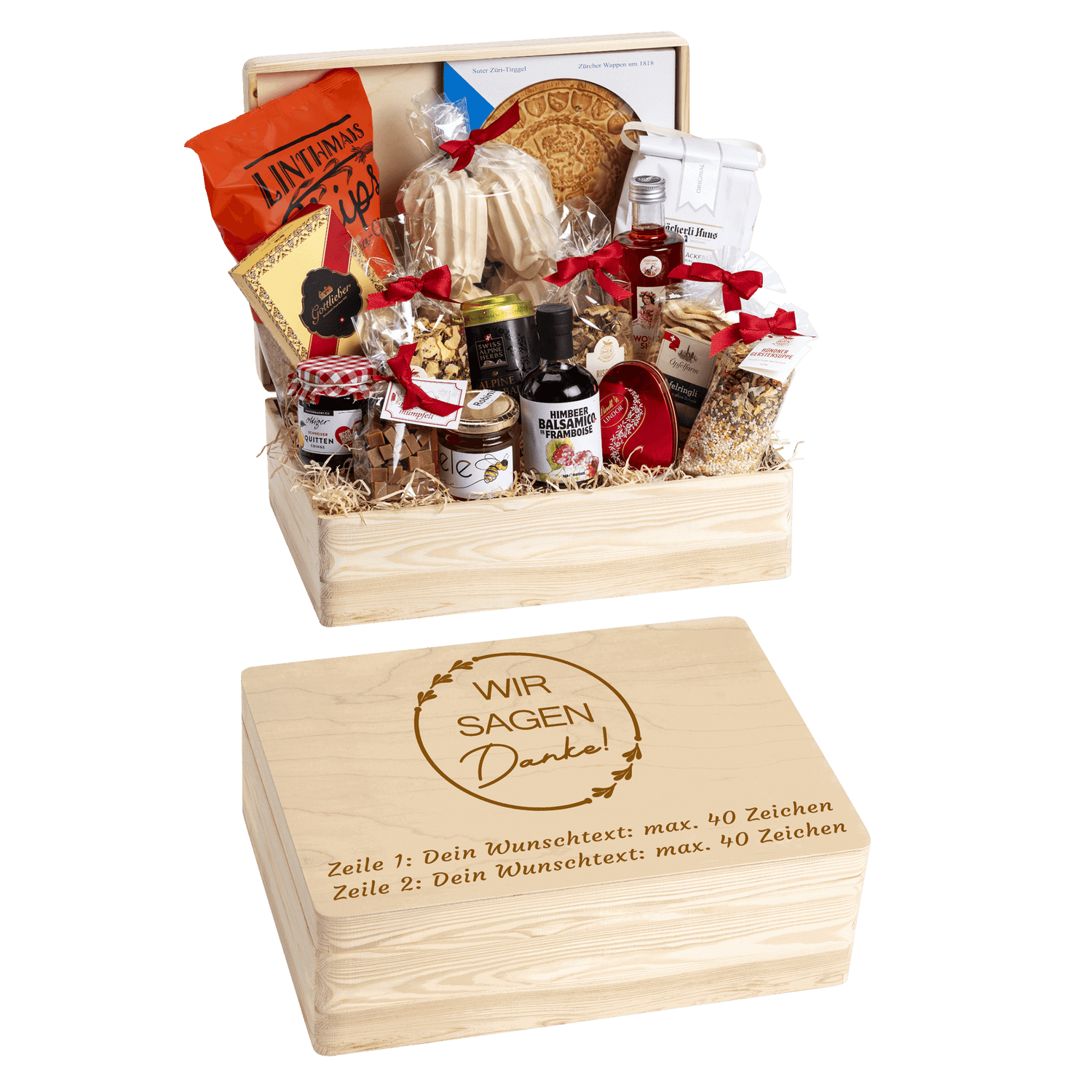 Holzbox mit regionalen Spezialitäten aus der Schweiz. Wunschtext und Wunsch-Sujet kann auf die Box graviert werden. Das personalisierte Kunden oder Mitarbeiter Geschenk