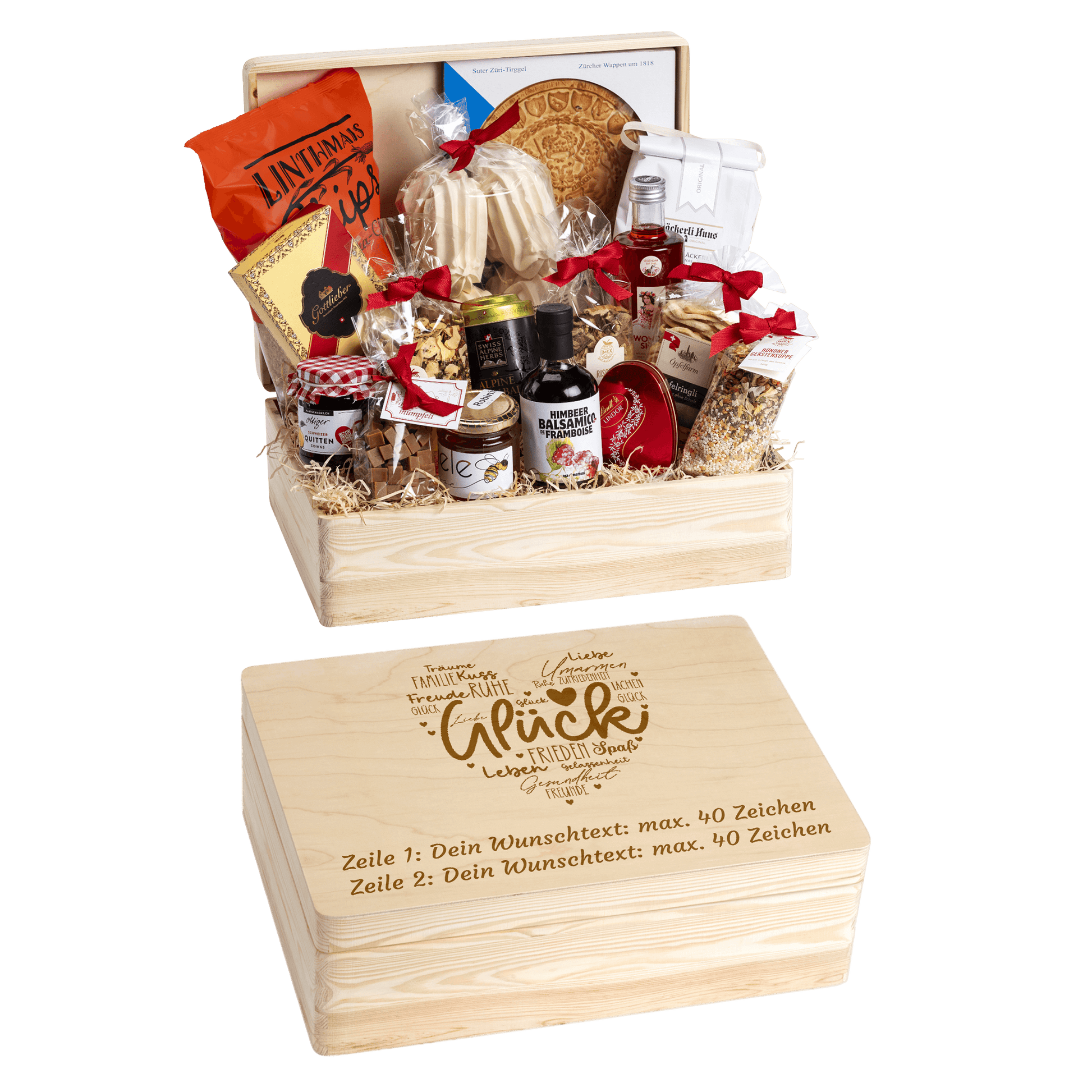 Holzbox mit regionalen Spezialitäten aus der Schweiz. Wunschtext und Wunsch-Sujet kann auf die Box graviert werden. Das personalisierte Geschenk Motiv Glück.