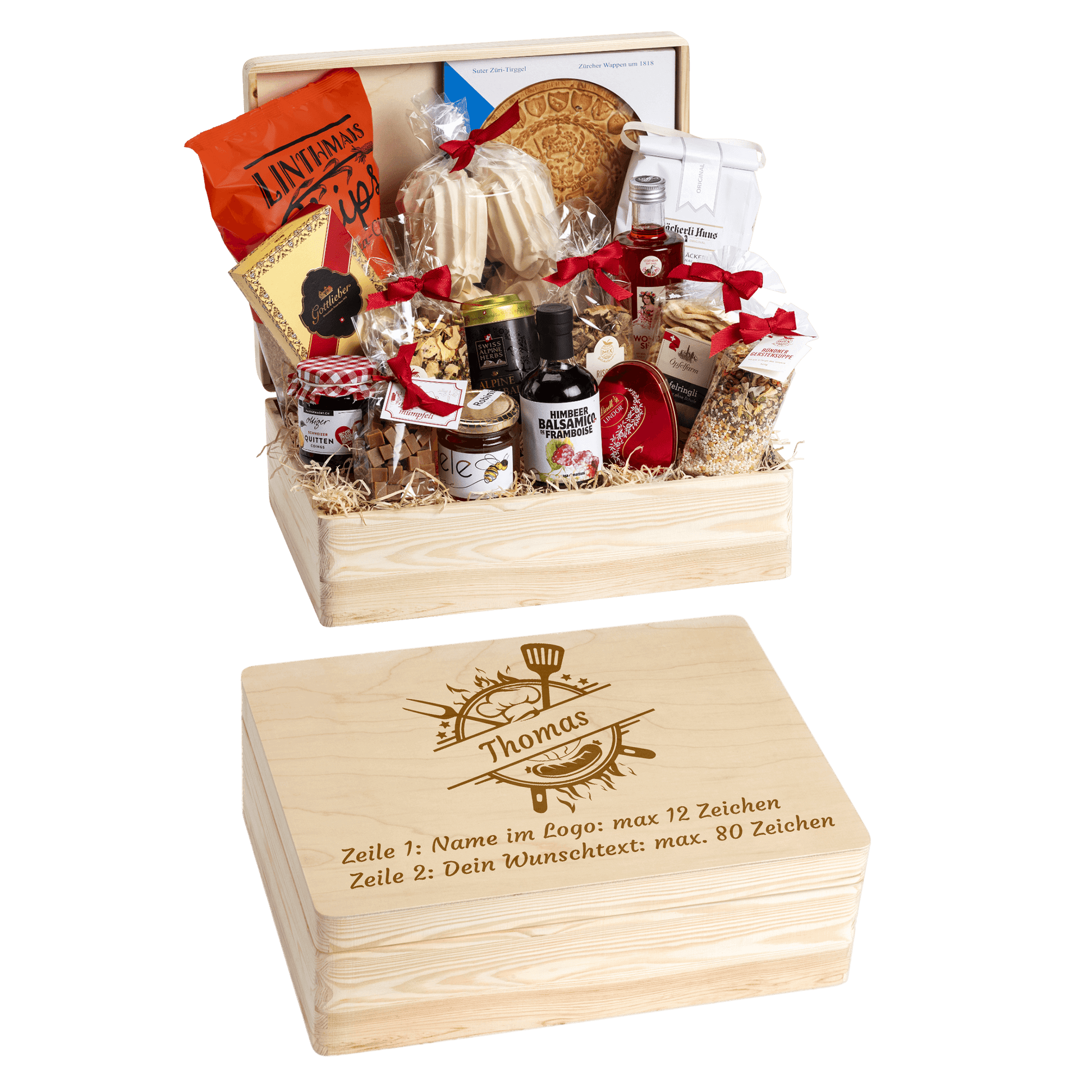 Holzbox mit regionalen Spezialitäten aus der Schweiz. Wunschtext und Wunsch-Sujet kann auf die Box graviert werden. Das personalisierte Geschenk für die nächste Grillparty