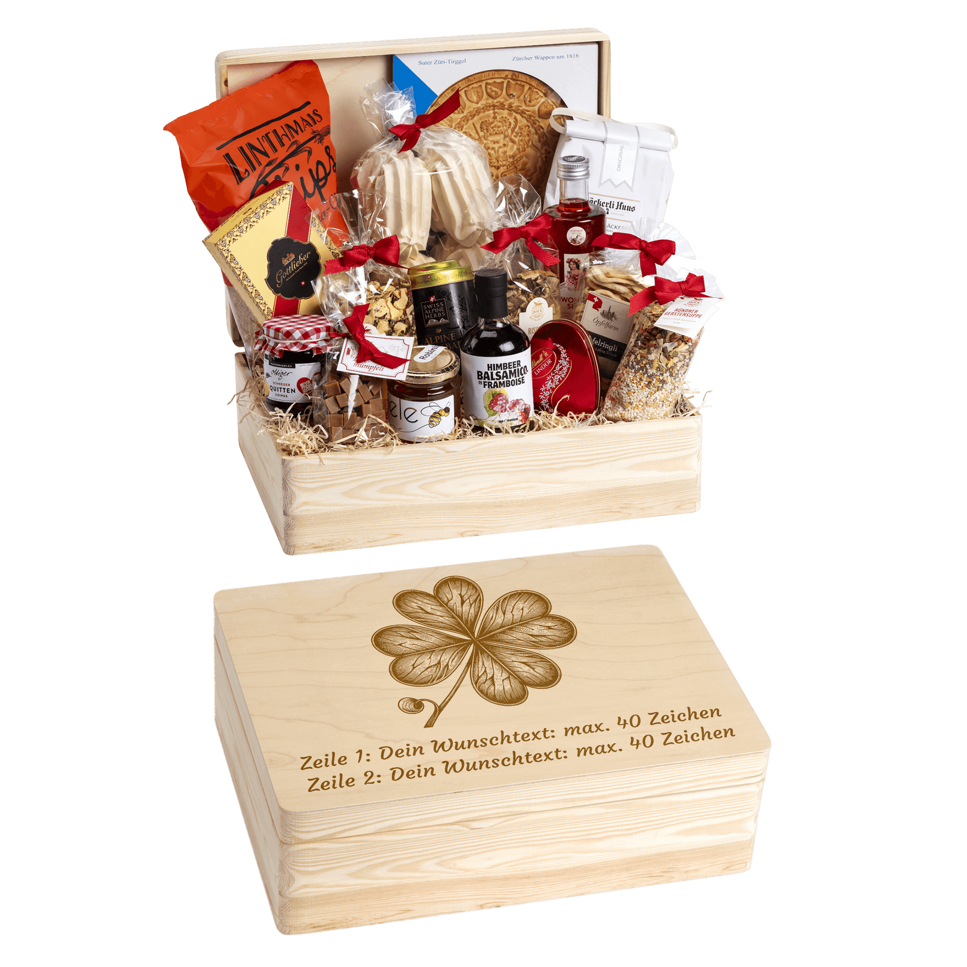 Holzbox mit regionalen Spezialitäten aus der Schweiz. Wunschtext und Wunsch-Sujet kann auf die Box graviert werden. Das personalisierte Geschenk zum Geburtstag. Motiv Kleeblatt