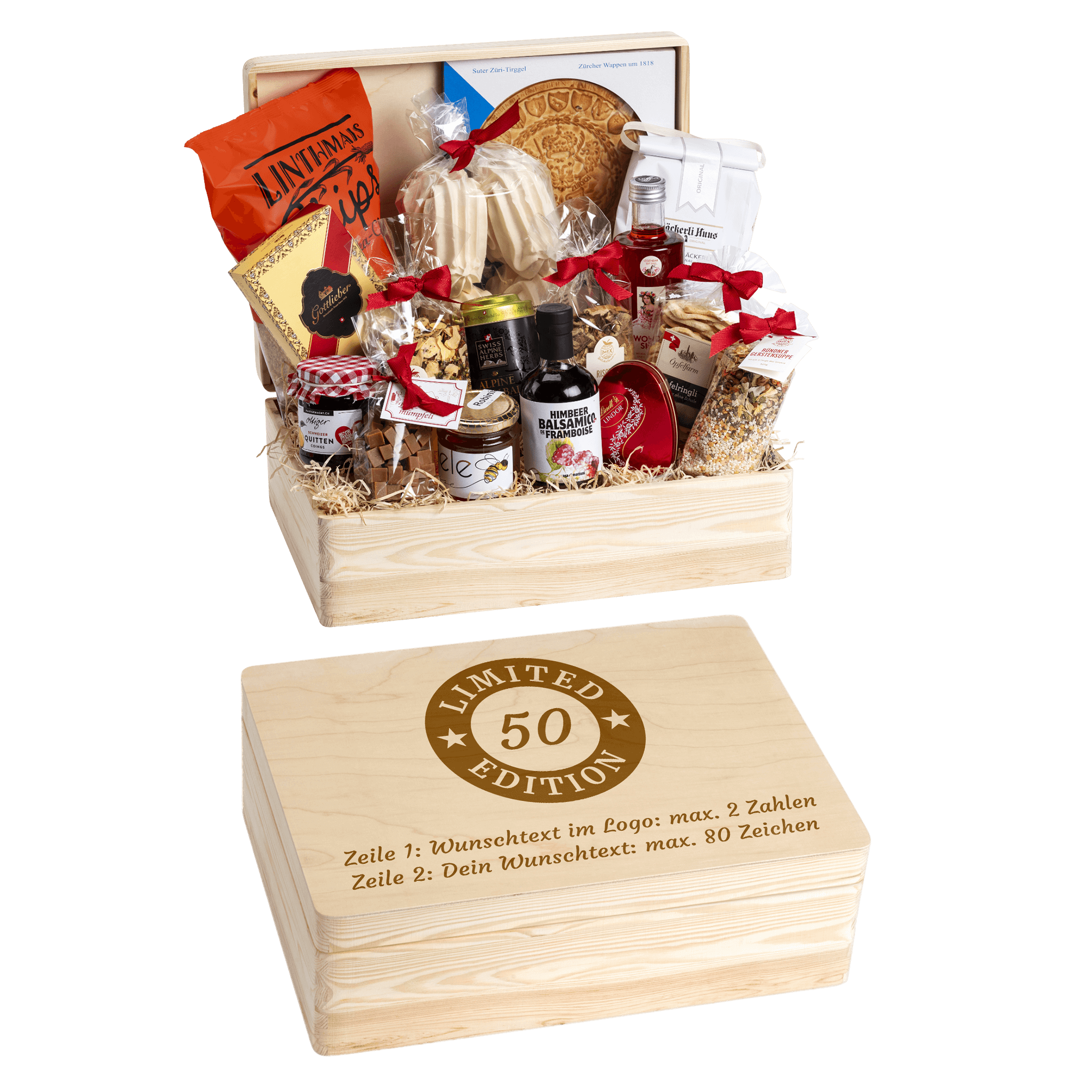 Holzbox mit regionalen Spezialitäten aus der Schweiz. Wunschtext und Wunsch-Sujet kann auf die Box graviert werden. Das personalisierte Geschenk zum Geburtstag.