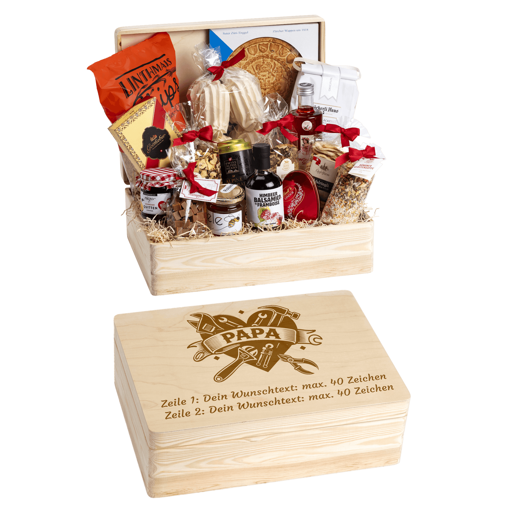 Holzbox mit regionalen Spezialitäten aus der Schweiz. Wunschtext und Wunsch-Sujet kann auf die Box graviert werden. Das personalisierte Geschenk für Papa.