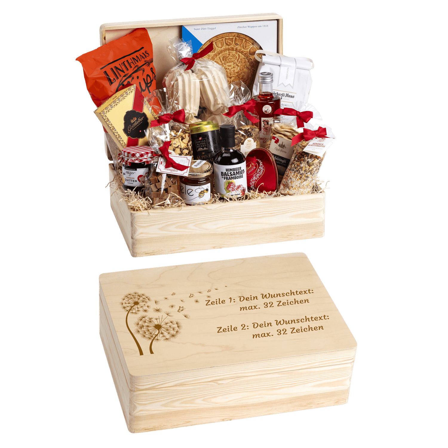Holzbox mit regionalen Spezialitäten aus der Schweiz. Wunschtext und Wunsch-Sujet kann auf die Box graviert werden. Das personalisierte Geschenk zum Geburtstag. Motiv Pusteblume