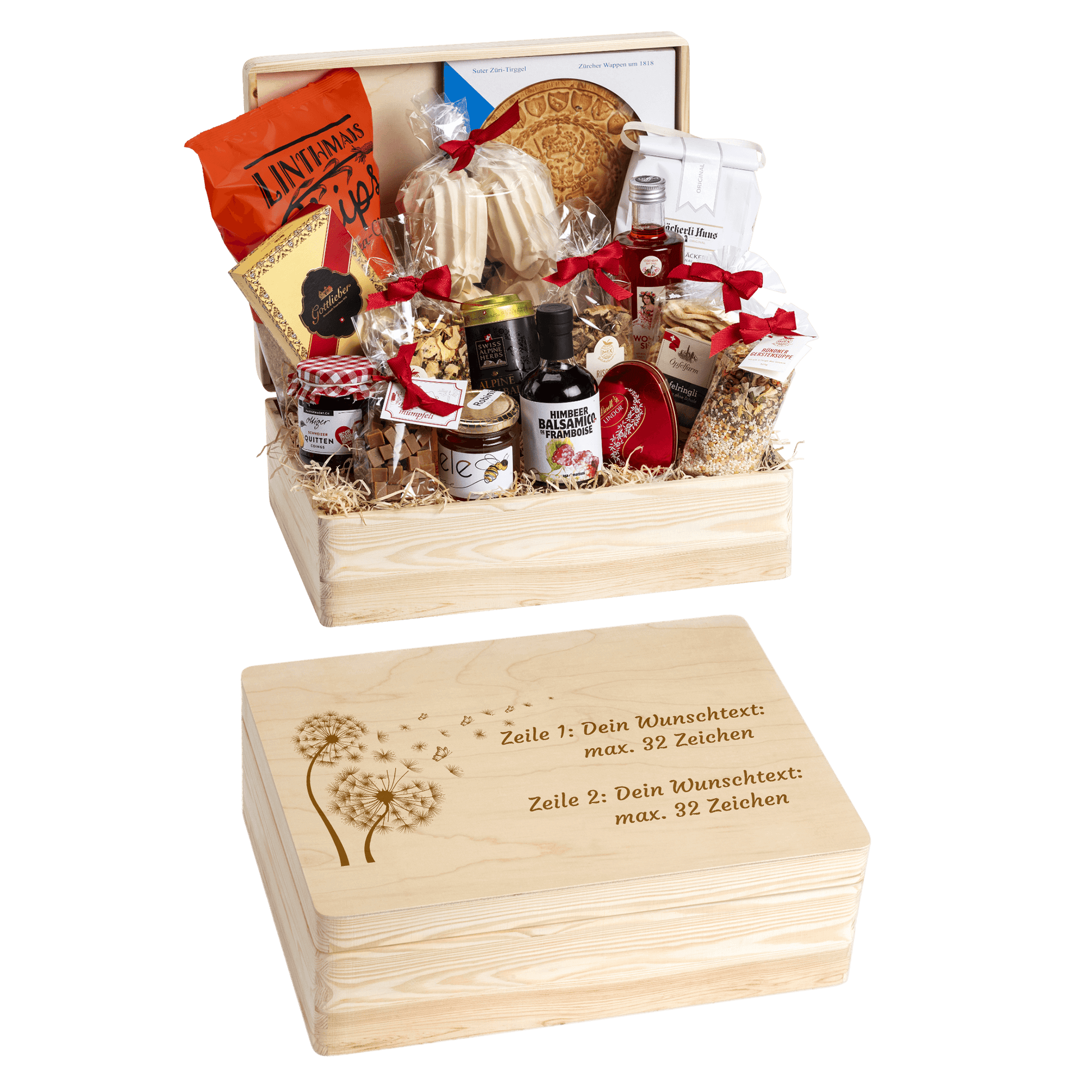 Holzbox mit regionalen Spezialitäten aus der Schweiz. Wunschtext und Wunsch-Sujet kann auf die Box graviert werden. Das personalisierte Geschenk zum Geburtstag. Motiv Pusteblume