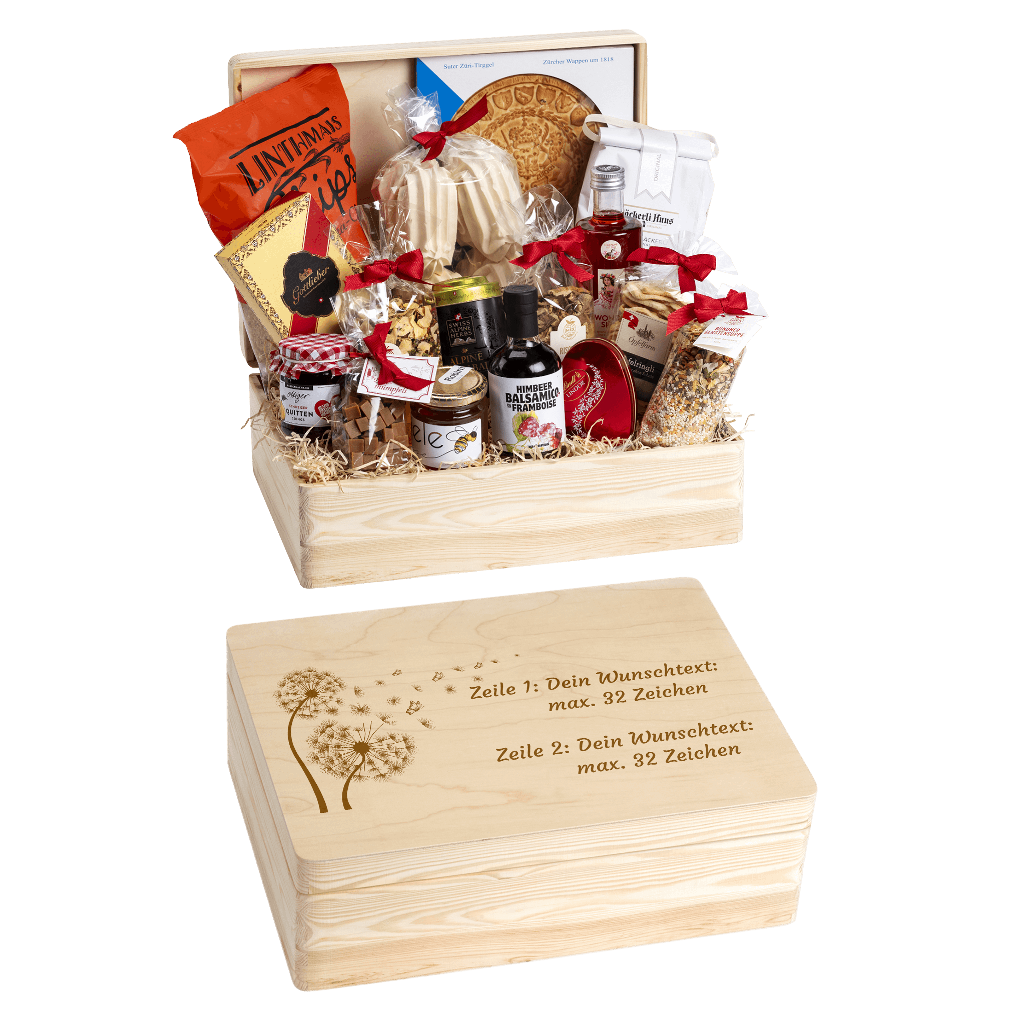 Holzbox mit regionalen Spezialitäten aus der Schweiz. Wunschtext und Wunsch-Sujet kann auf die Box graviert werden. Das personalisierte Geschenk zum Geburtstag. Motiv Pusteblume