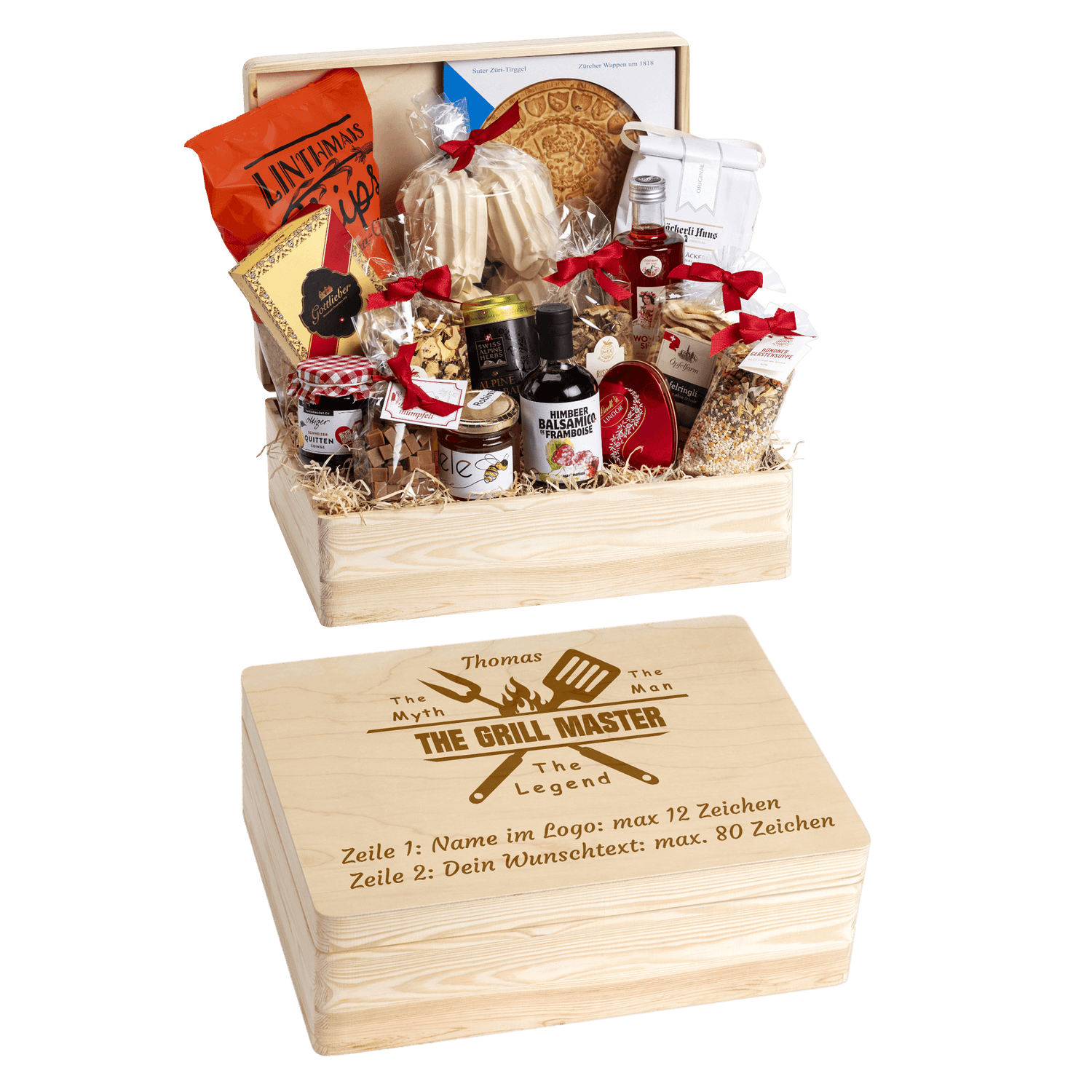 Holzbox mit regionalen Spezialitäten aus der Schweiz. Wunschtext und Wunsch-Sujet kann auf die Box graviert werden. Das personalisierte Geschenk für die nächste Grillfeier.