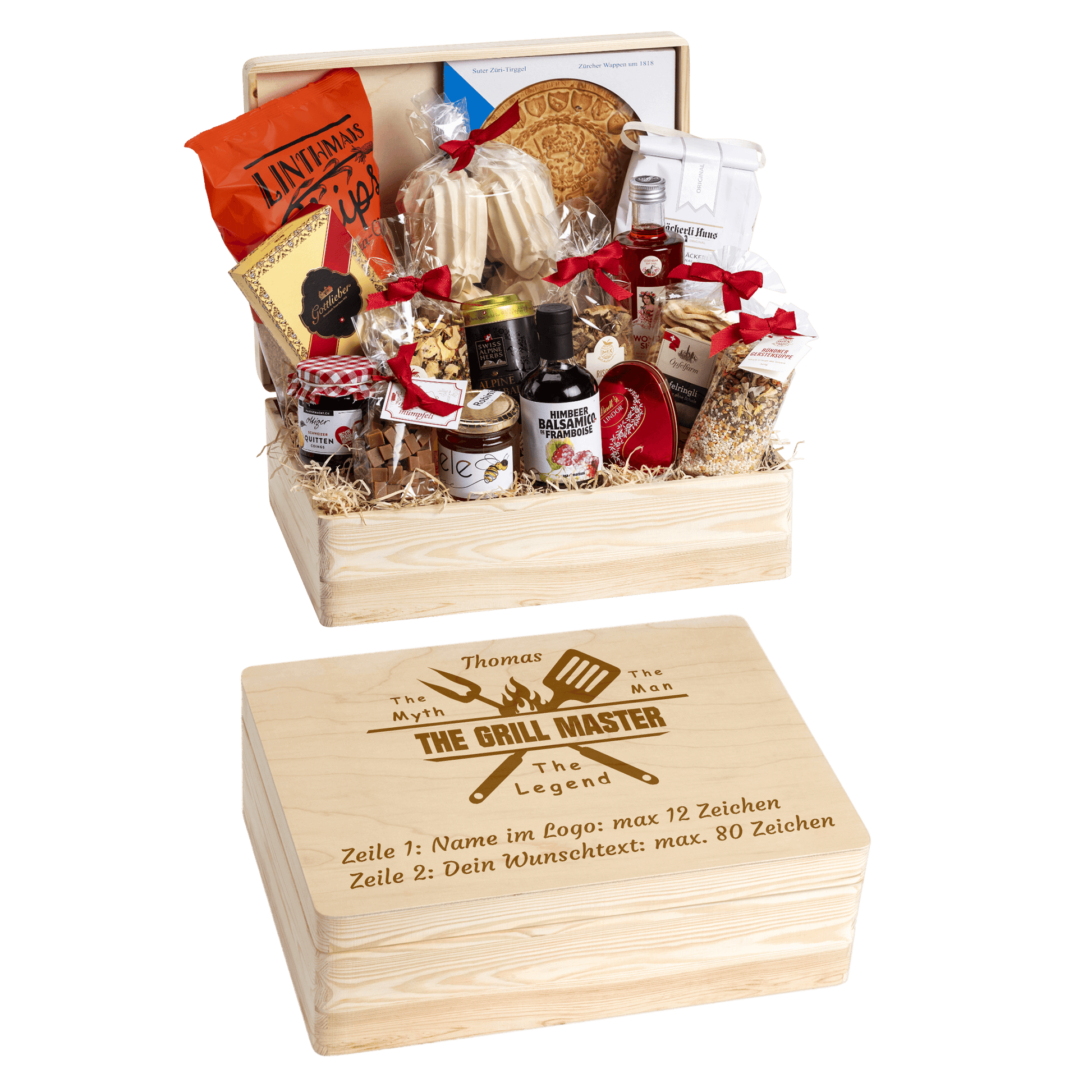 Holzbox mit regionalen Spezialitäten aus der Schweiz. Wunschtext und Wunsch-Sujet kann auf die Box graviert werden. Das personalisierte Geschenk für die nächste Grillfeier.