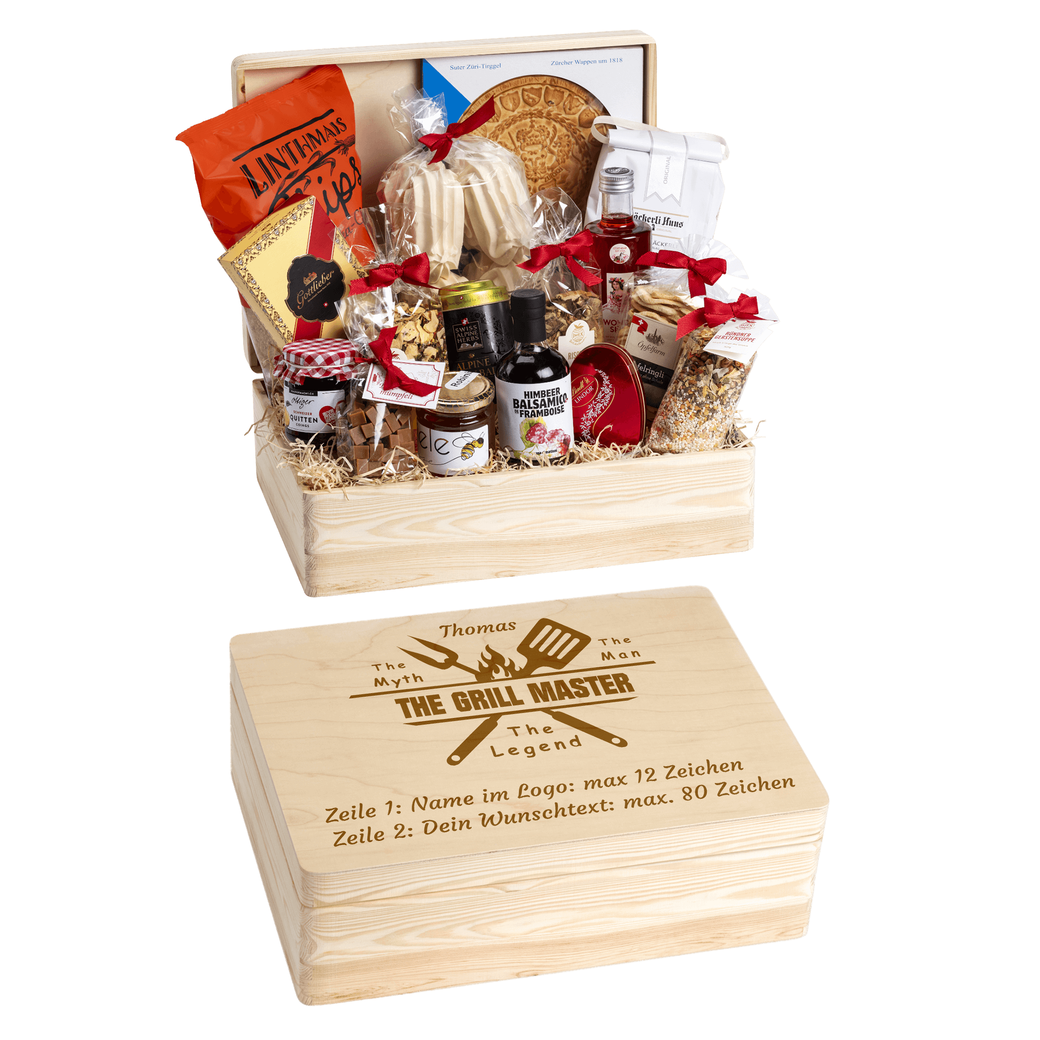 Holzbox mit regionalen Spezialitäten aus der Schweiz. Wunschtext und Wunsch-Sujet kann auf die Box graviert werden. Das personalisierte Geschenk für die nächste Grillfeier.