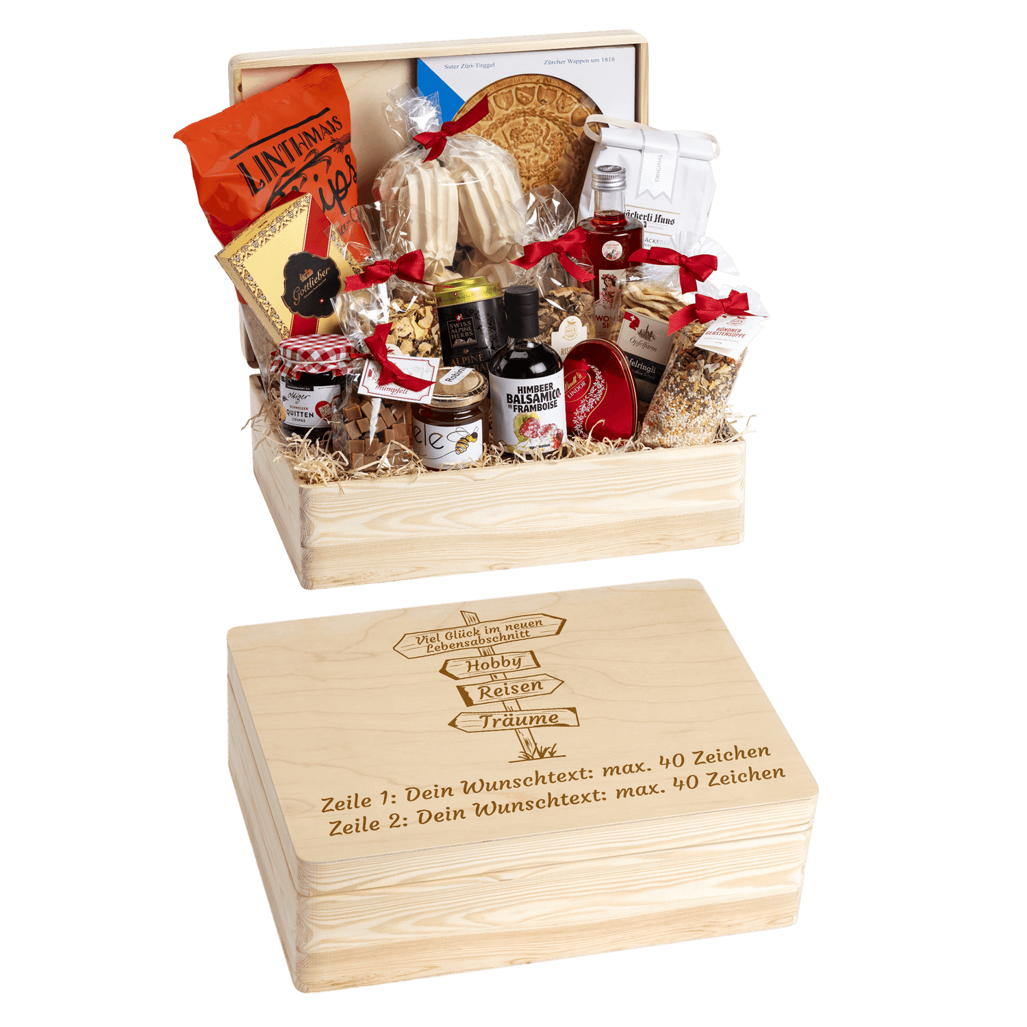 Holzbox mit regionalen Spezialitäten aus der Schweiz. Wunschtext und Wunsch-Sujet kann auf die Box graviert werden. Das personalisierte Geschenk zur Pension.