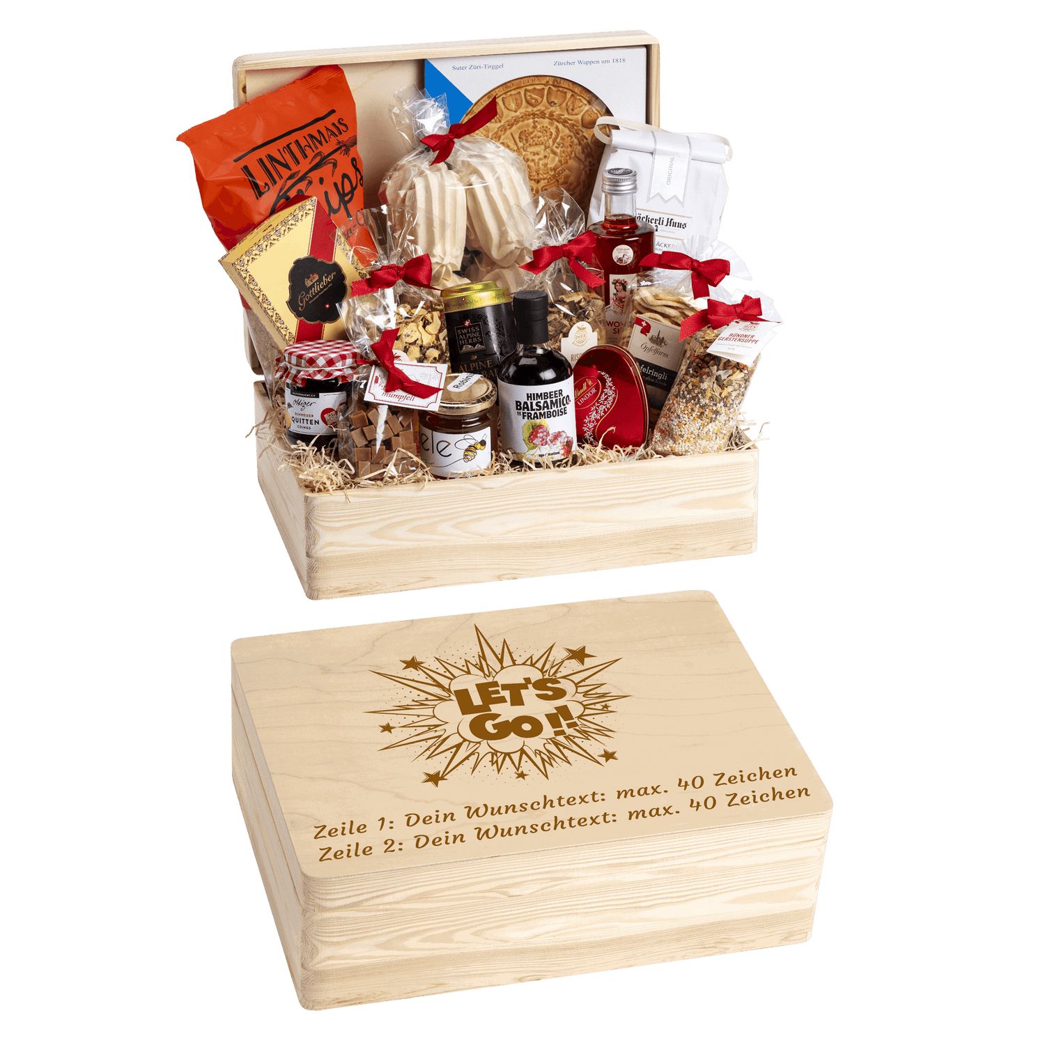 Holzbox mit regionalen Spezialitäten aus der Schweiz. Wunschtext und Wunsch-Sujet kann auf die Box graviert werden. Das personalisierte Geschenk zum Projektstart für Mitarbeiter. 