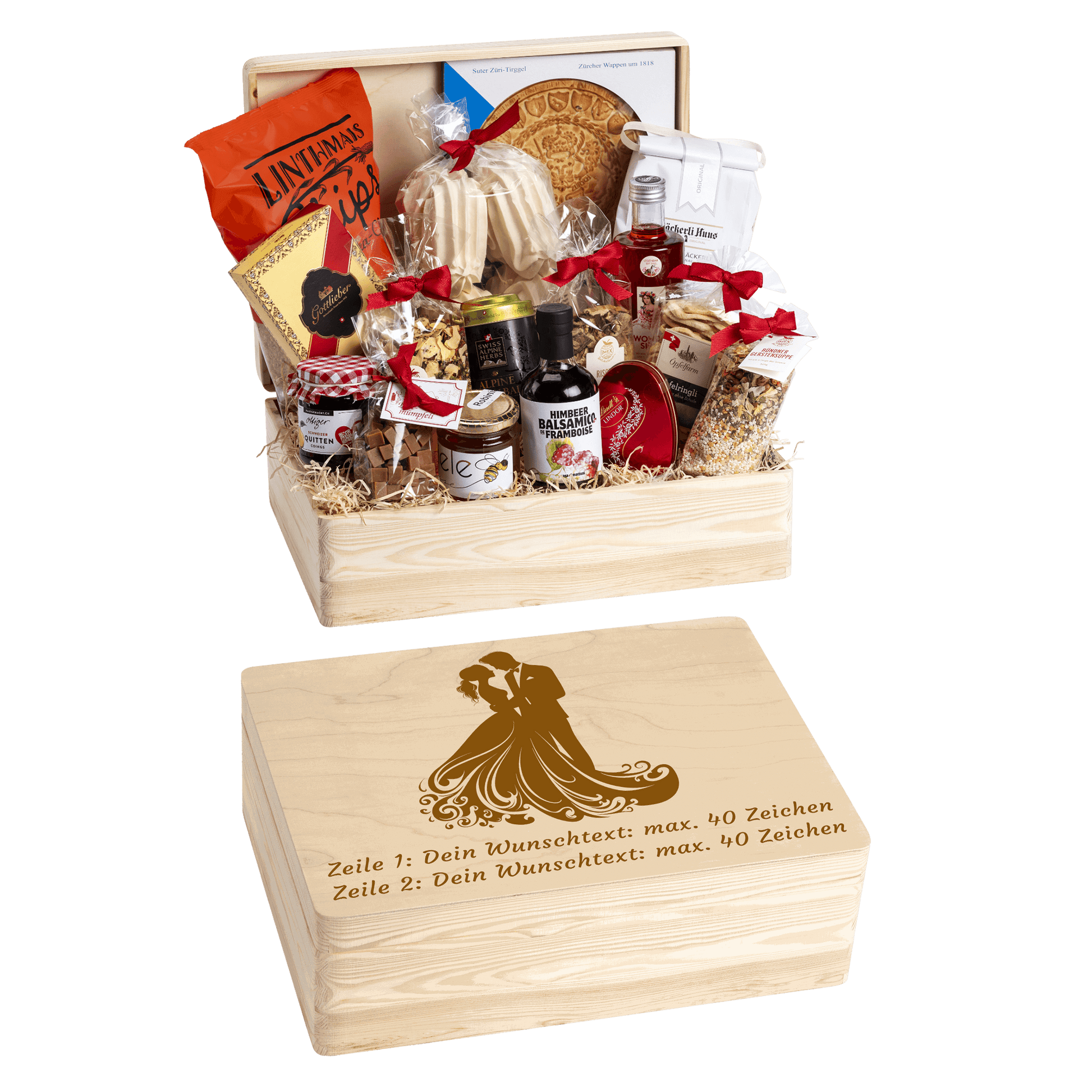 Holzbox mit regionalen Spezialitäten aus der Schweiz. Wunschtext und Wunsch-Sujet kann auf die Box graviert werden. Das personalisierte Geschenk zur Hochzeit. 