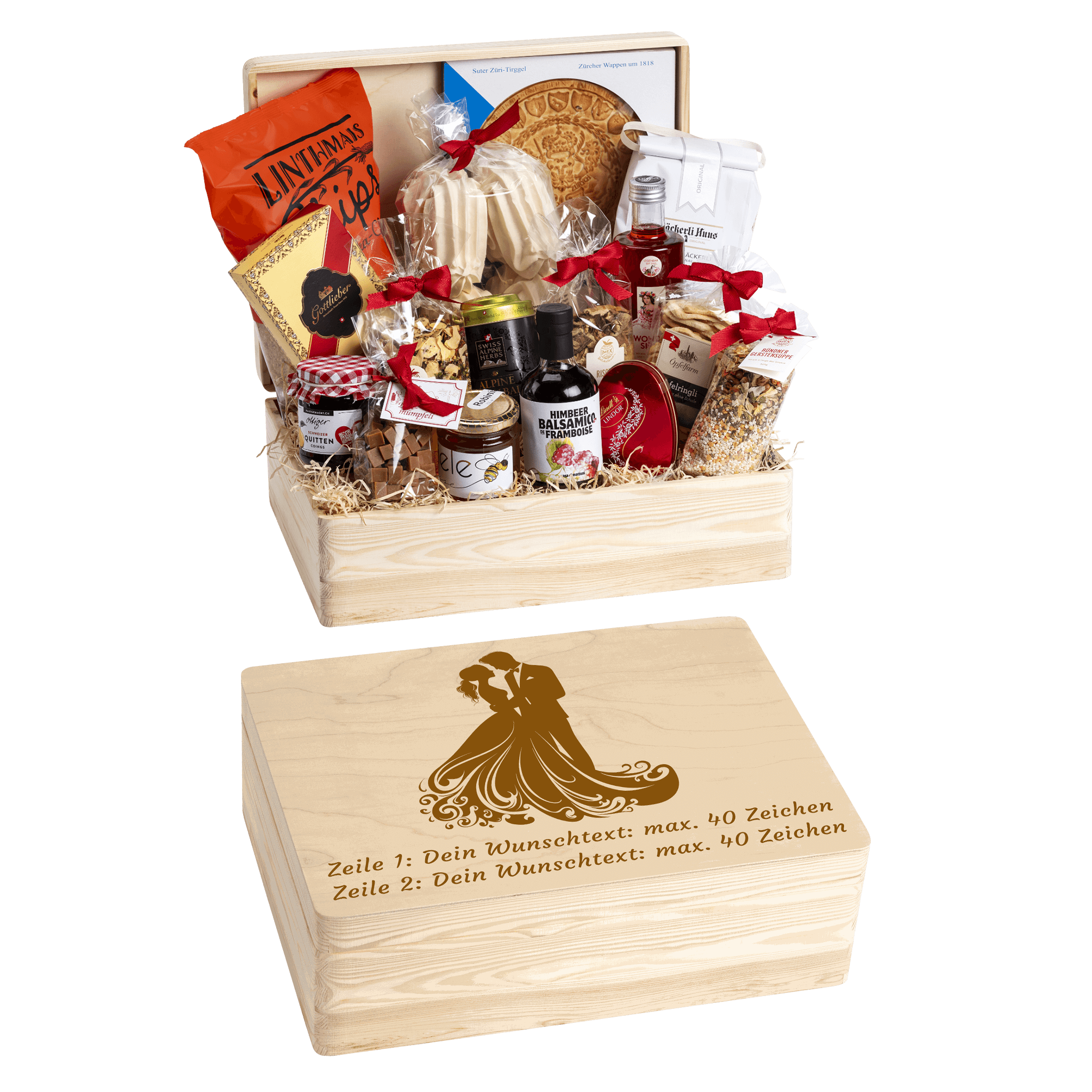 Holzbox mit regionalen Spezialitäten aus der Schweiz. Wunschtext und Wunsch-Sujet kann auf die Box graviert werden. Das personalisierte Geschenk zur Hochzeit. 