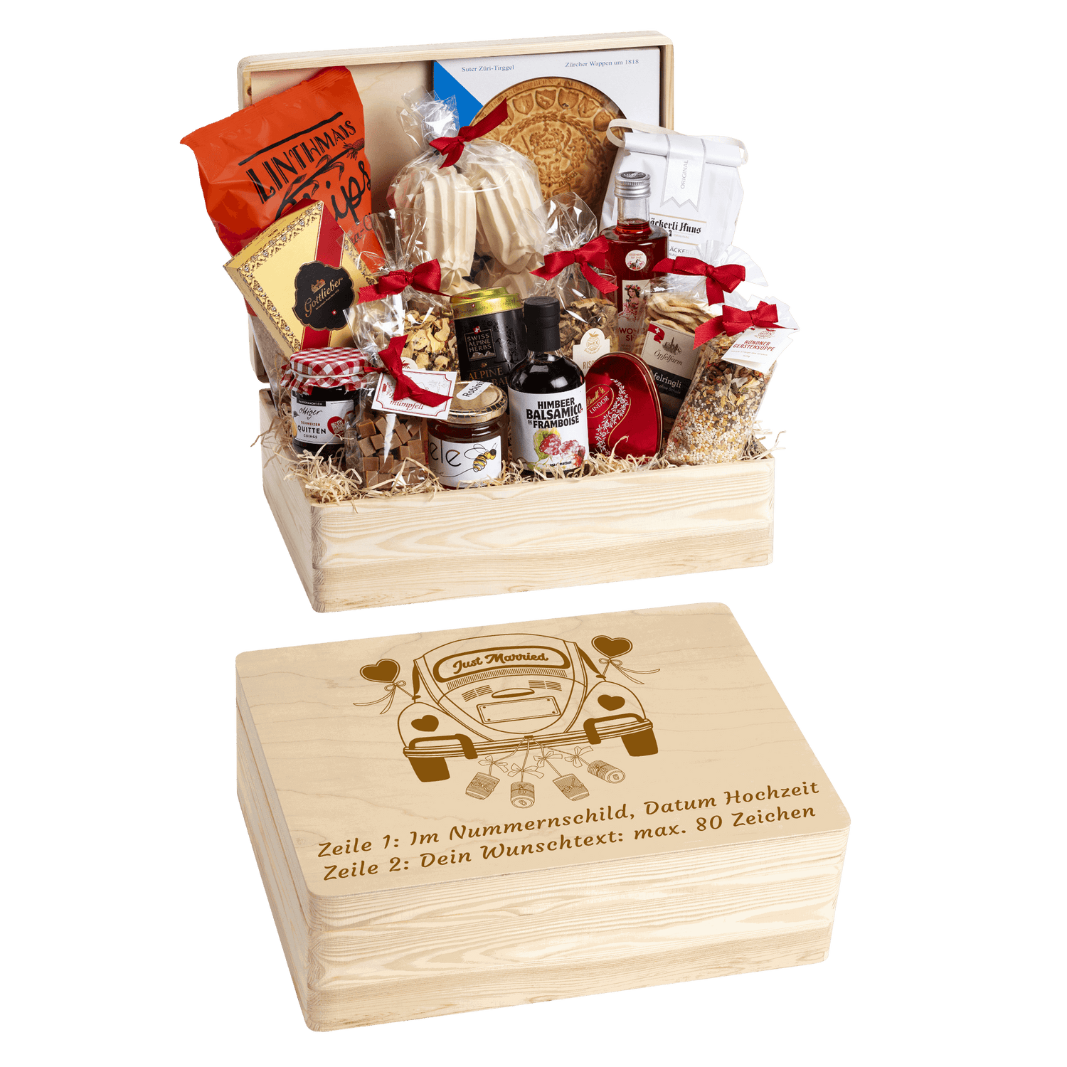 Holzbox mit regionalen Spezialitäten aus der Schweiz. Wunschtext und Wunsch-Sujet kann auf die Box graviert werden. Das personalisierte Geschenk zur Hochzeit.