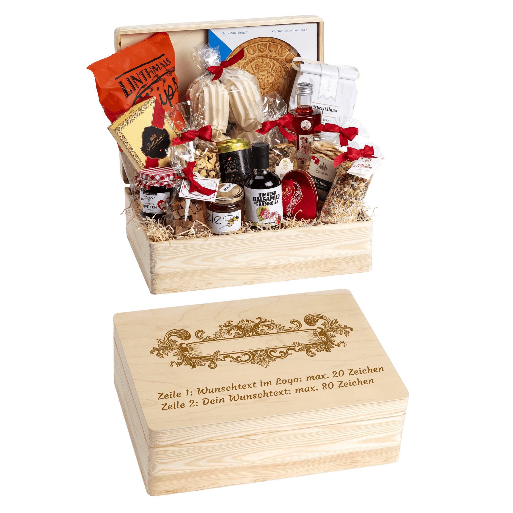 Holzbox mit regionalen Spezialitäten aus der Schweiz. Wunschtext und Wunsch-Sujet kann auf die Box graviert werden. Das personalisierte Geschenk zur Hochzeit. 
