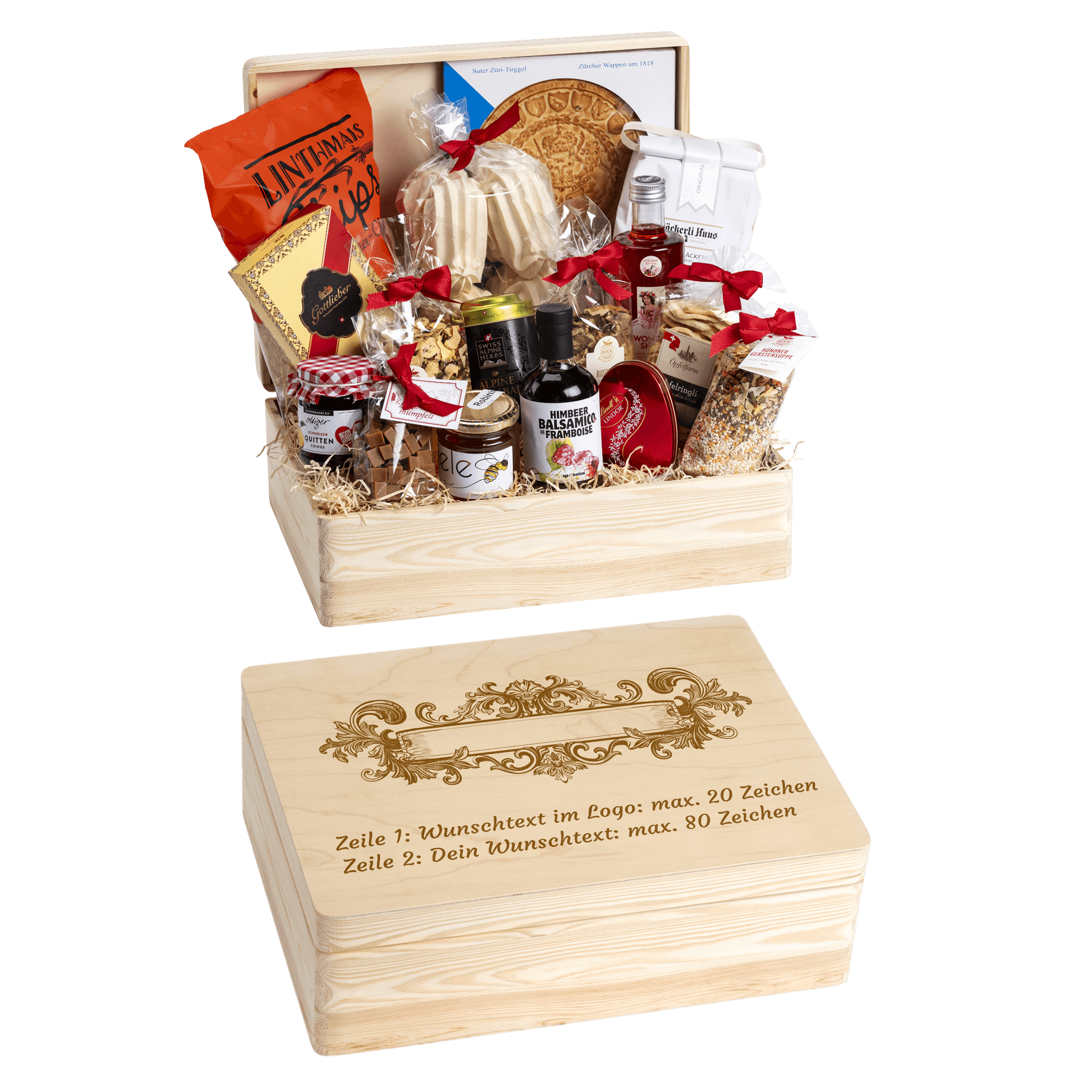 Holzbox mit regionalen Spezialitäten aus der Schweiz. Wunschtext und Wunsch-Sujet kann auf die Box graviert werden. Das personalisierte Geschenk zur Hochzeit. 