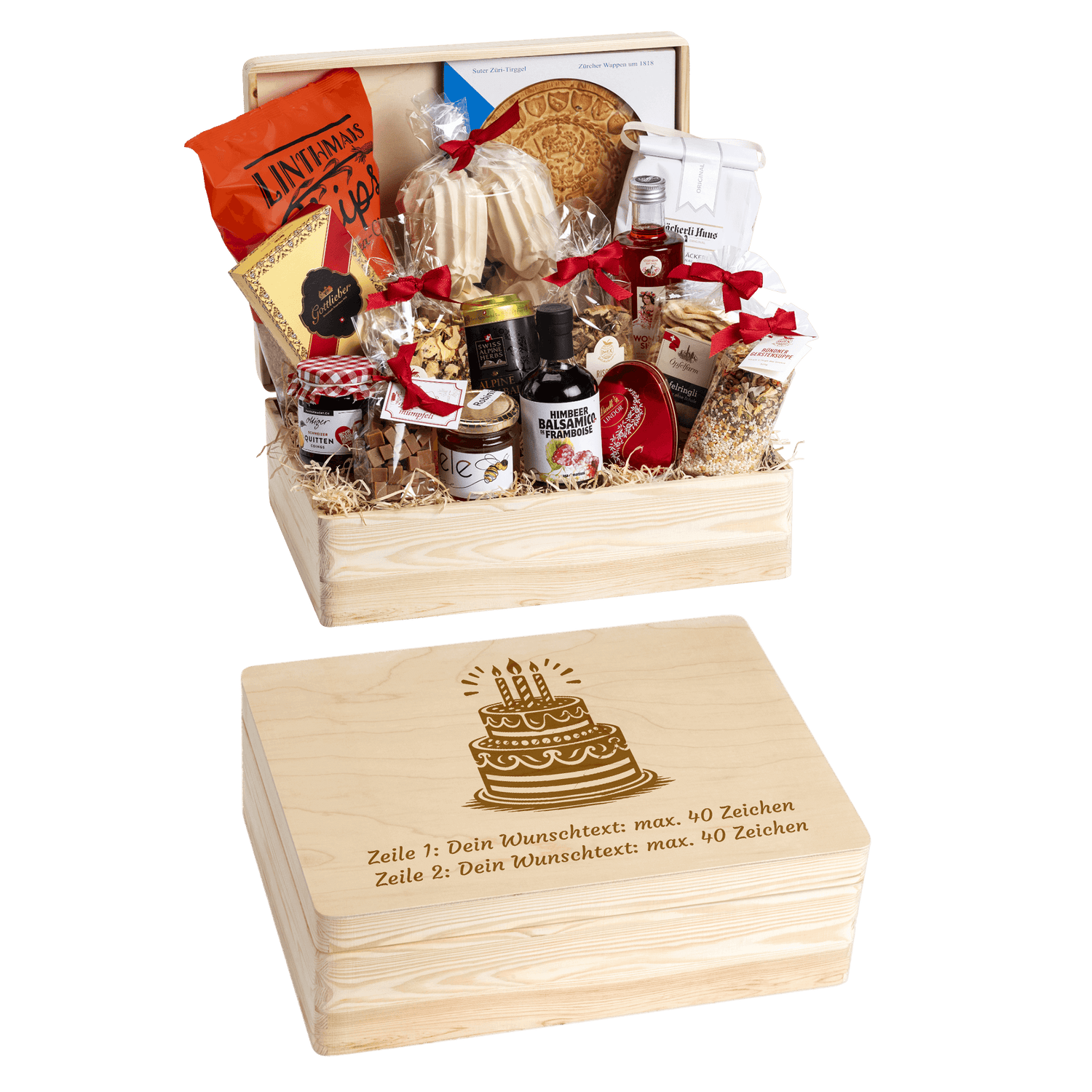 Holzbox mit regionalen Spezialitäten aus der Schweiz. Wunschtext und Wunsch-Sujet kann auf die Box graviert werden. Das personalisierte Geschenk zum Geburtstag. Motiv Geburtstagstorte. 