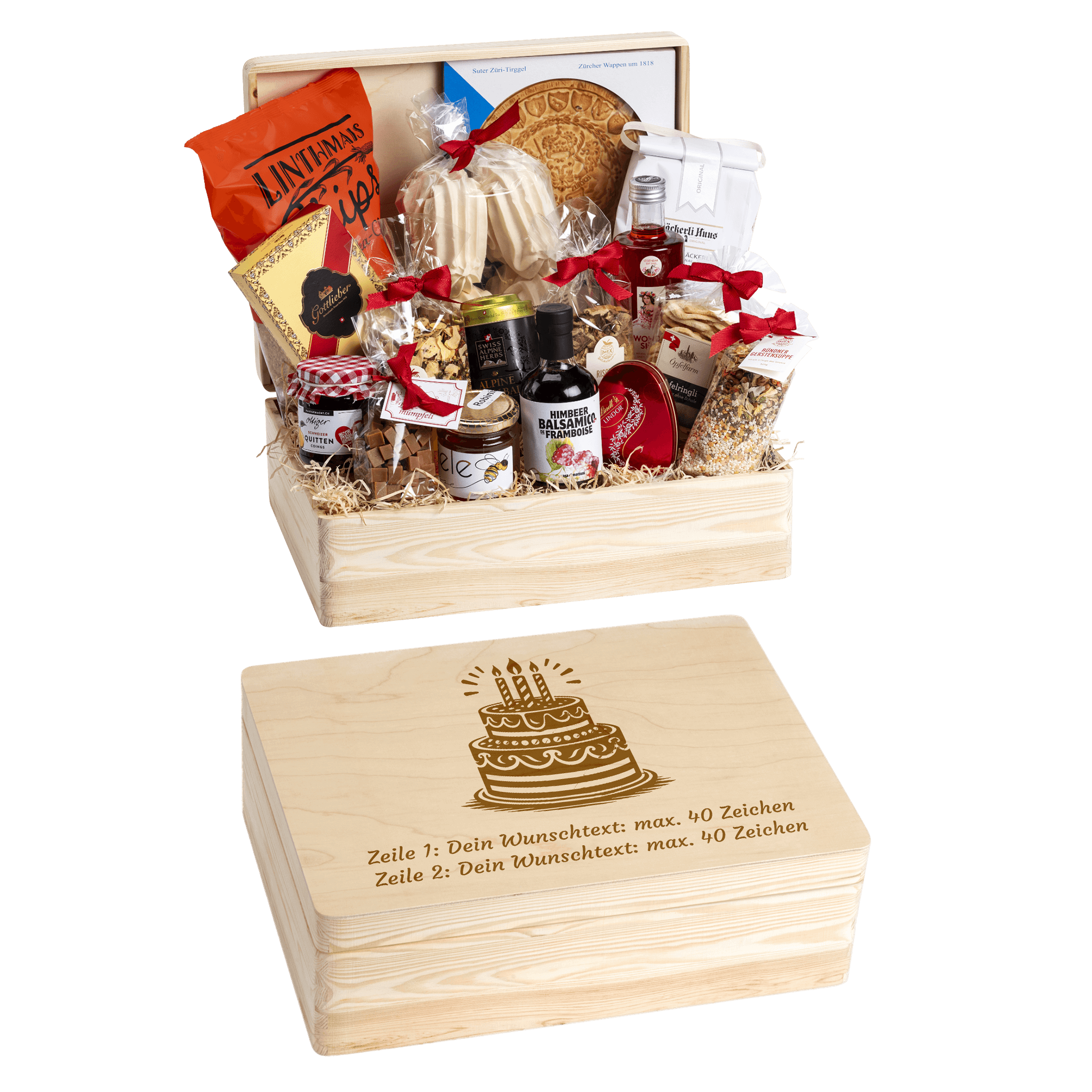 Holzbox mit regionalen Spezialitäten aus der Schweiz. Wunschtext und Wunsch-Sujet kann auf die Box graviert werden. Das personalisierte Geschenk zum Geburtstag. Motiv Geburtstagstorte. 