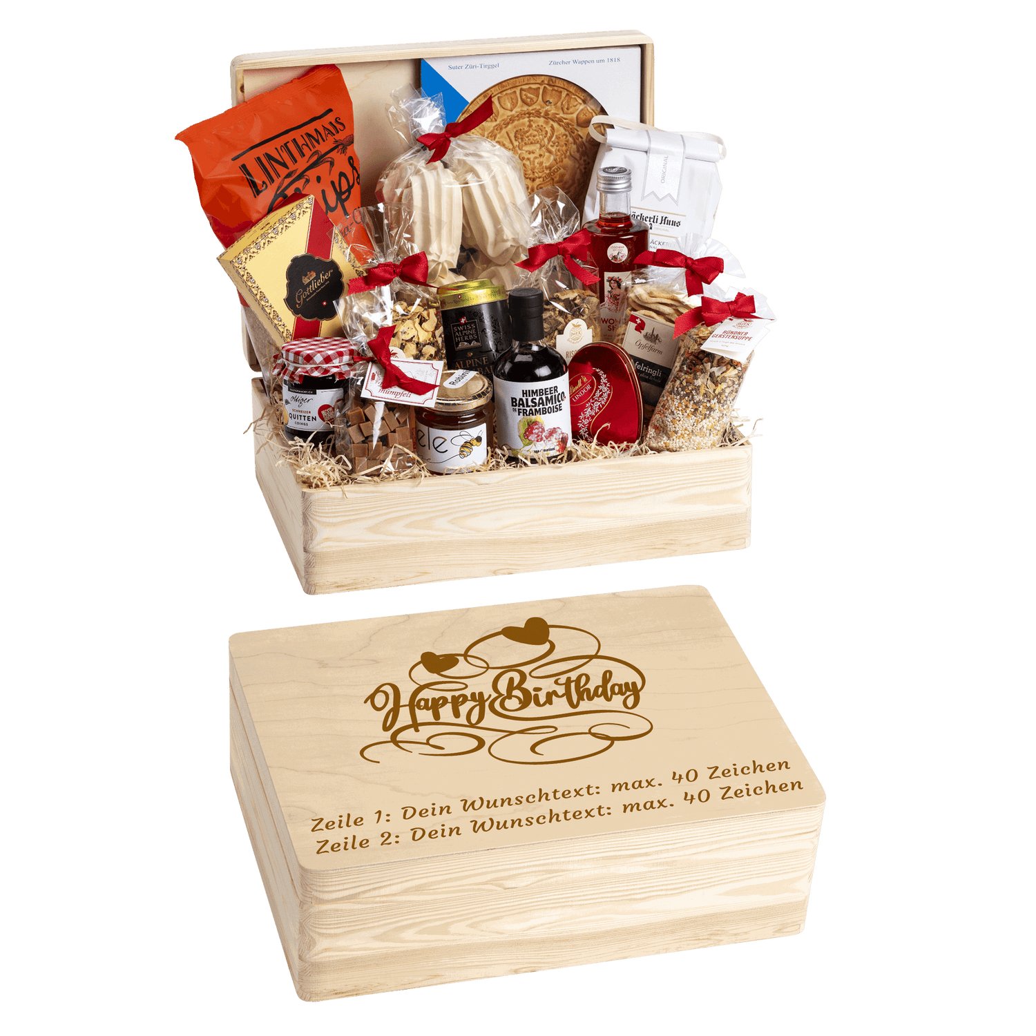 Holzbox mit regionalen Spezialitäten aus der Schweiz. Wunschtext und Wunsch-Sujet kann auf die Box graviert werden. Das personalisierte Geschenk zum Geburtstag.