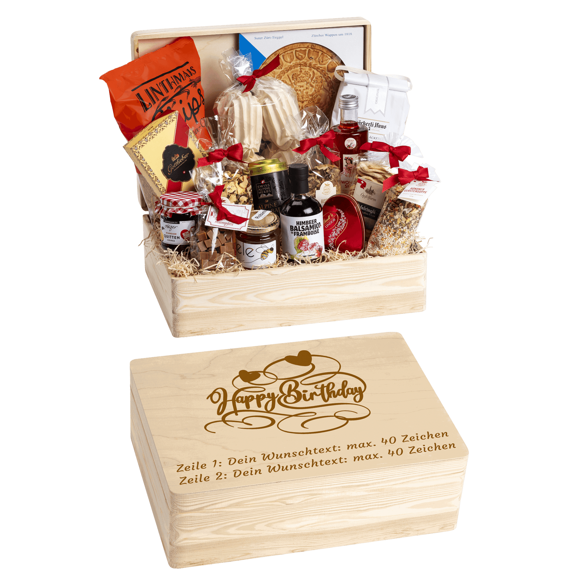 Holzbox mit regionalen Spezialitäten aus der Schweiz. Wunschtext und Wunsch-Sujet kann auf die Box graviert werden. Das personalisierte Geschenk zum Geburtstag.