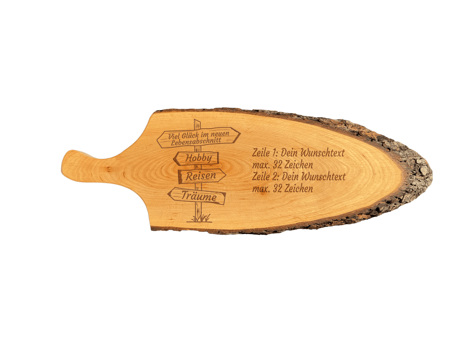 Servierbrett mit Griff & Rinde geölt aus Erlenholz  L 56 - 65 cm B 22 - 28 cm (Preis inkl. Gravur)