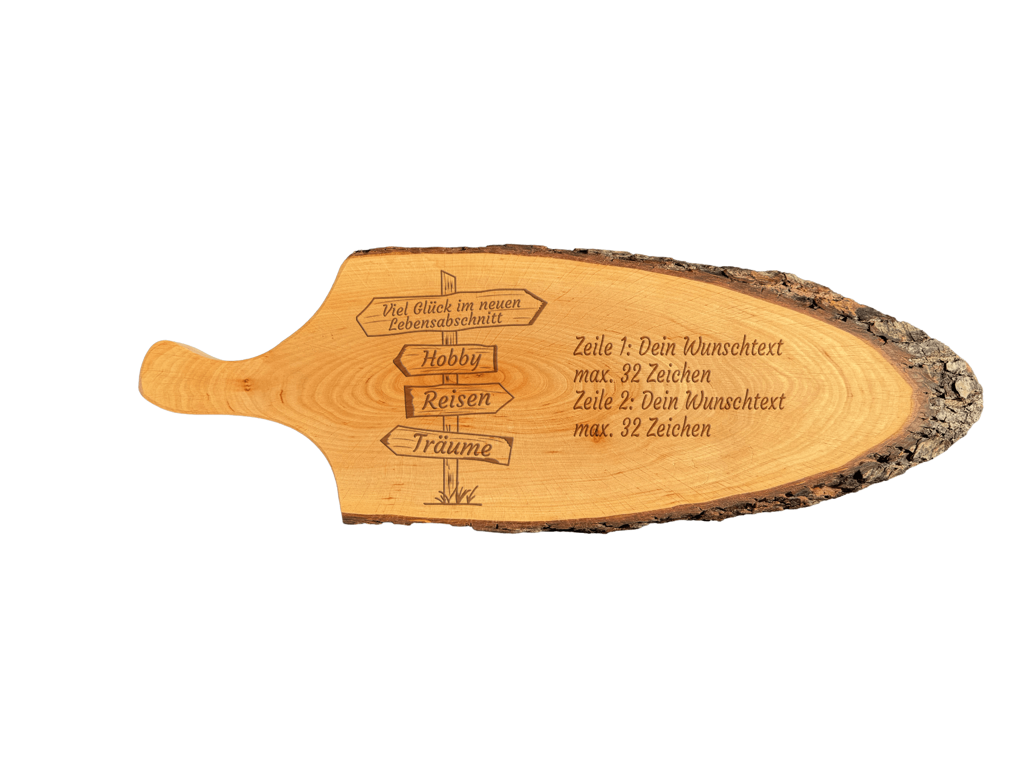 Servierbrett mit Griff & Rinde geölt aus Erlenholz  L 56 - 65 cm B 22 - 28 cm (Preis inkl. Gravur)