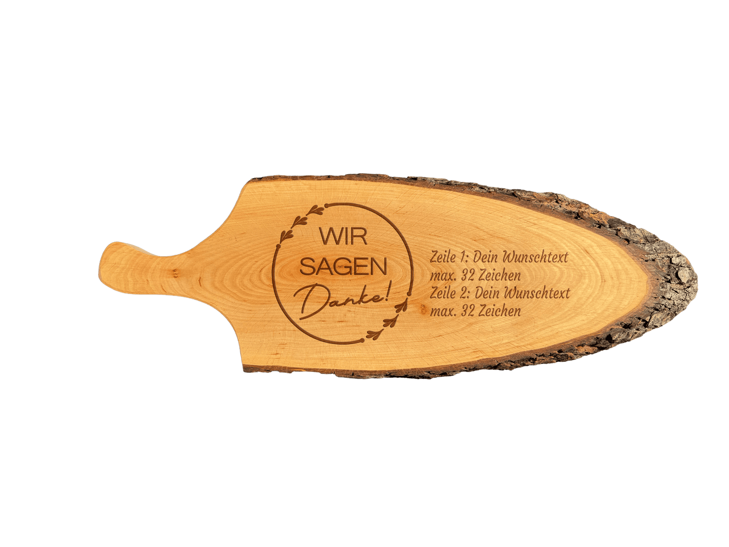 Servierbrett mit Griff & Rinde geölt aus Erlenholz  L 56 - 65 cm B 22 - 28 cm (Preis inkl. Gravur)