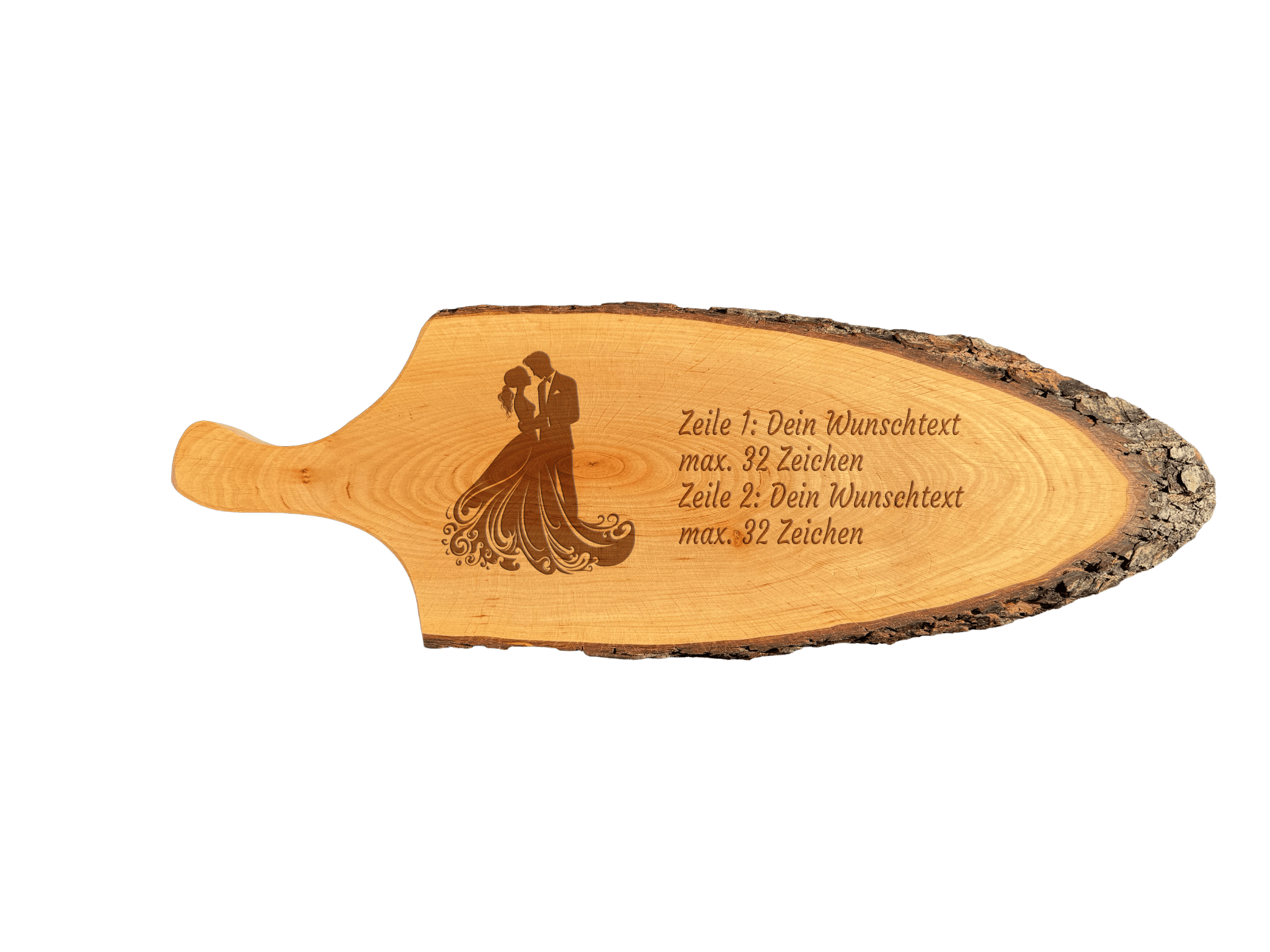 Servierbrett mit Griff & Rinde geölt aus Erlenholz  L 56 - 65 cm B 22 - 28 cm (Preis inkl. Gravur)